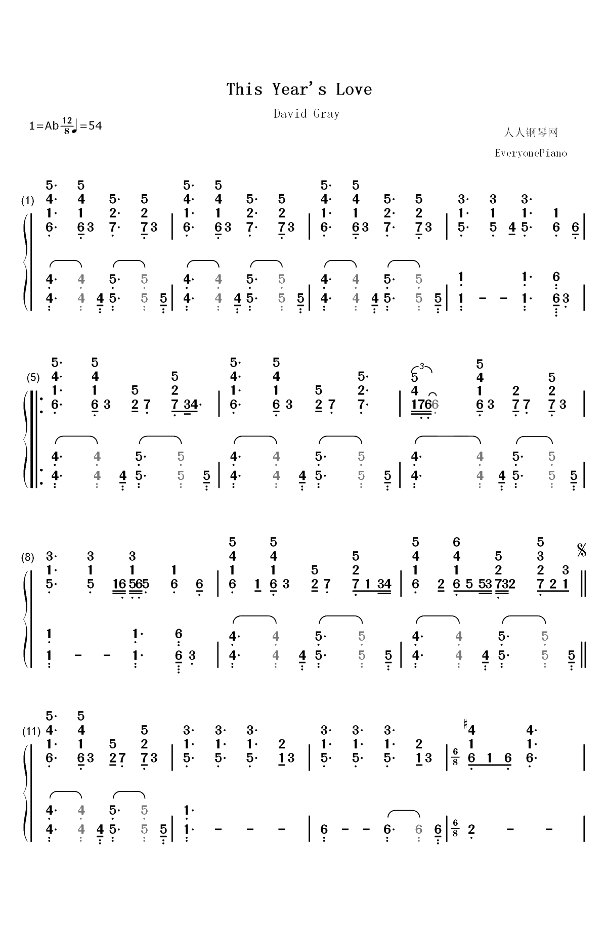 This Years Love-David Gray双手简谱预览1