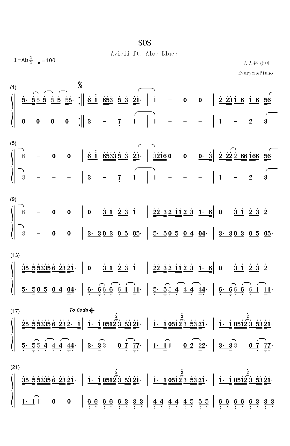 SOS-Avicii ft Aloe Blacc双手简谱预览1