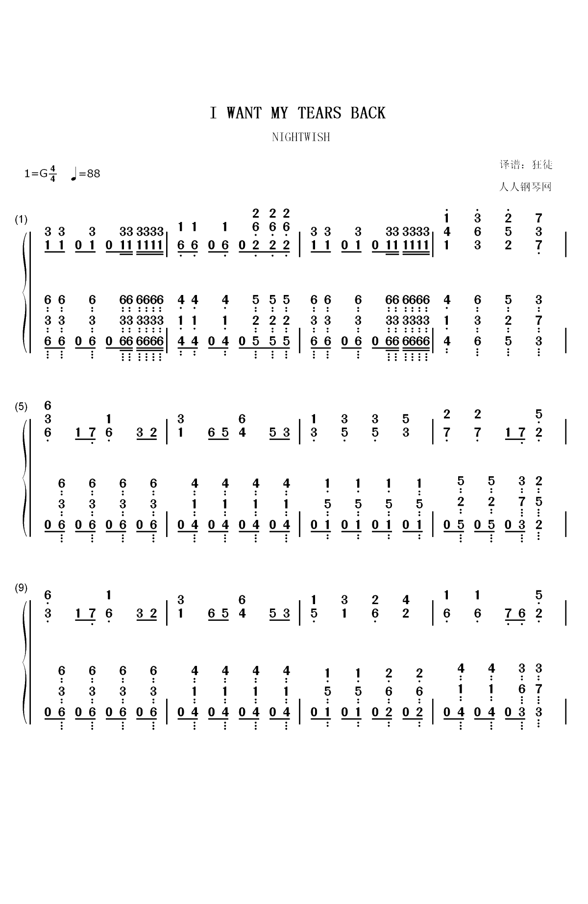 I Want My Tears Back-Nightwish双手简谱预览1