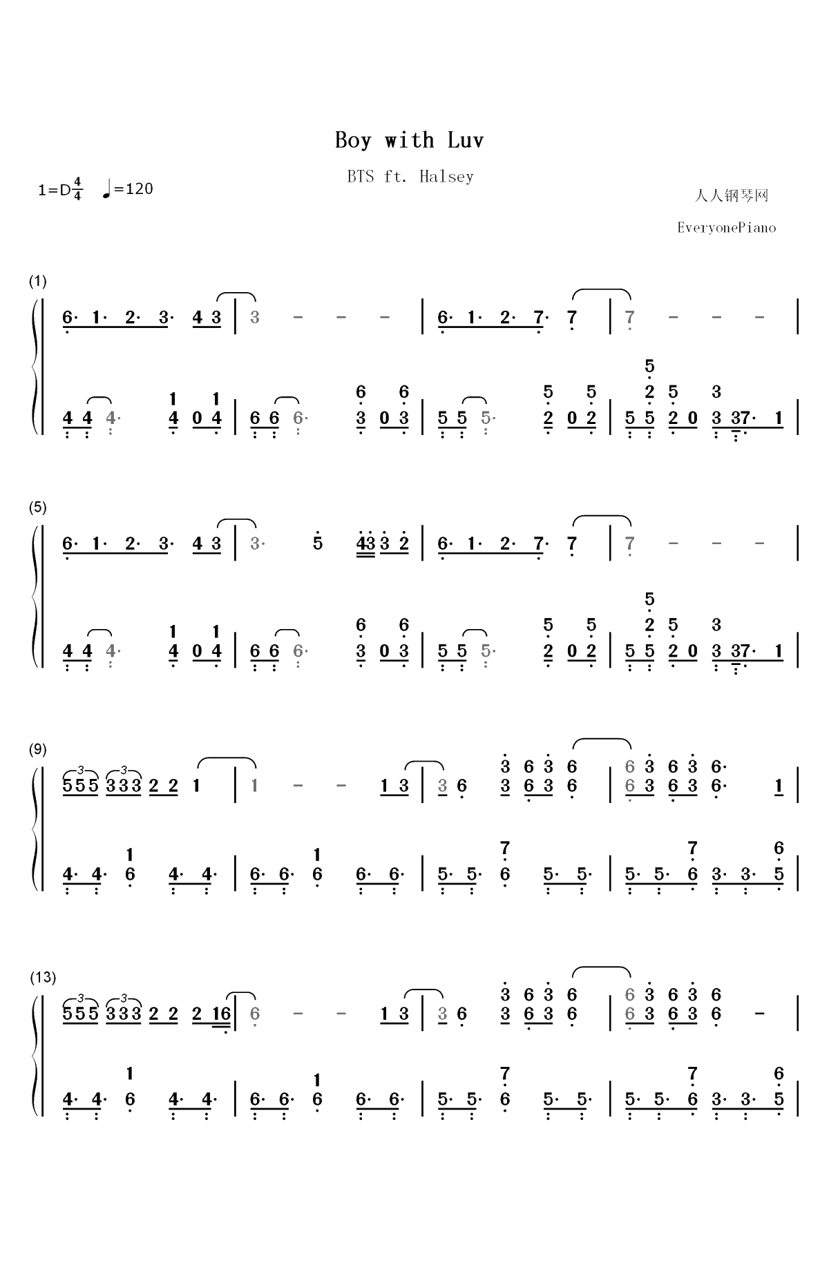 Boy With Luv-BTS和Halsey双手简谱预览1