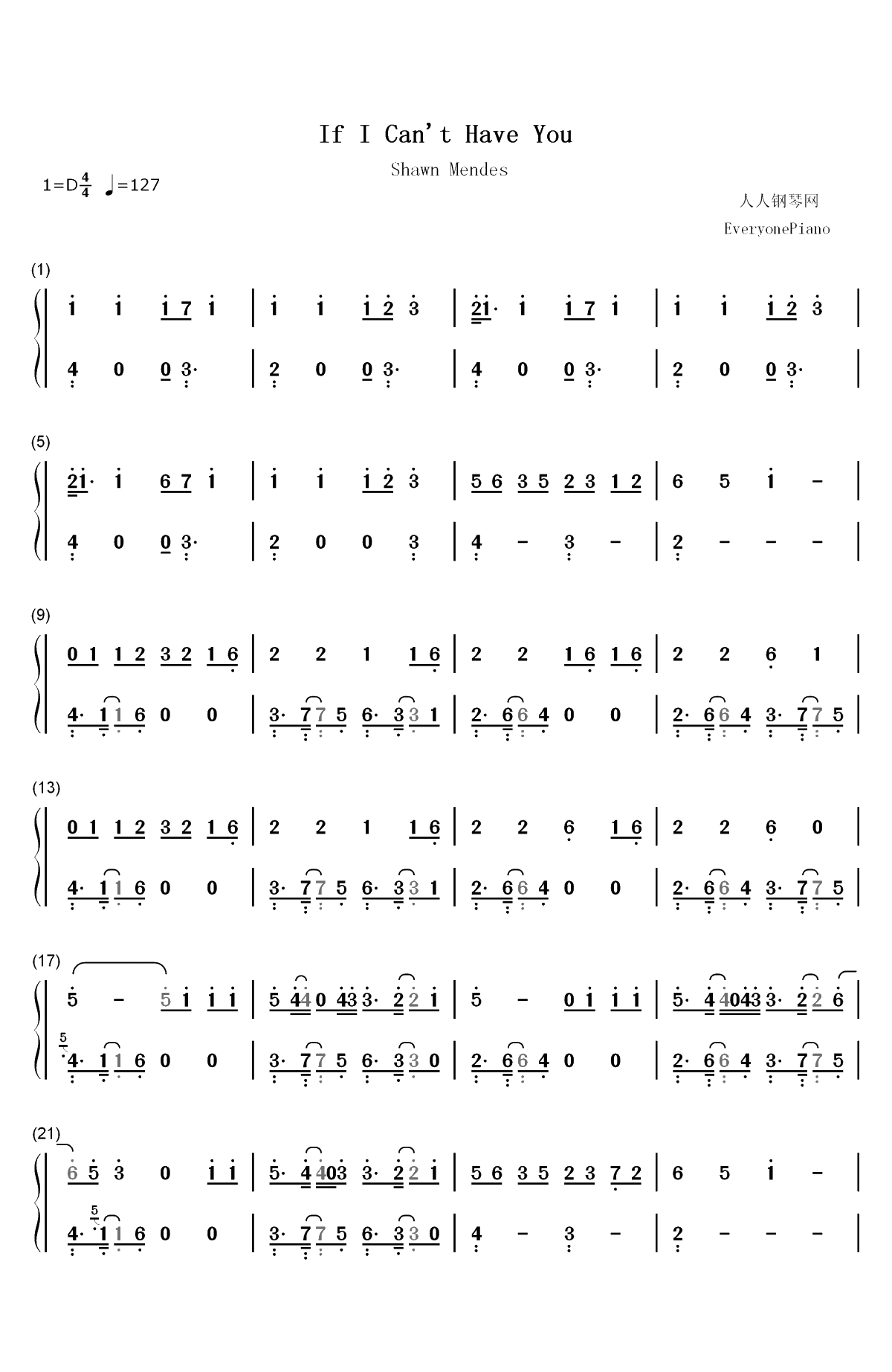 If I Cant Have You-Shawn Mendes双手简谱预览1