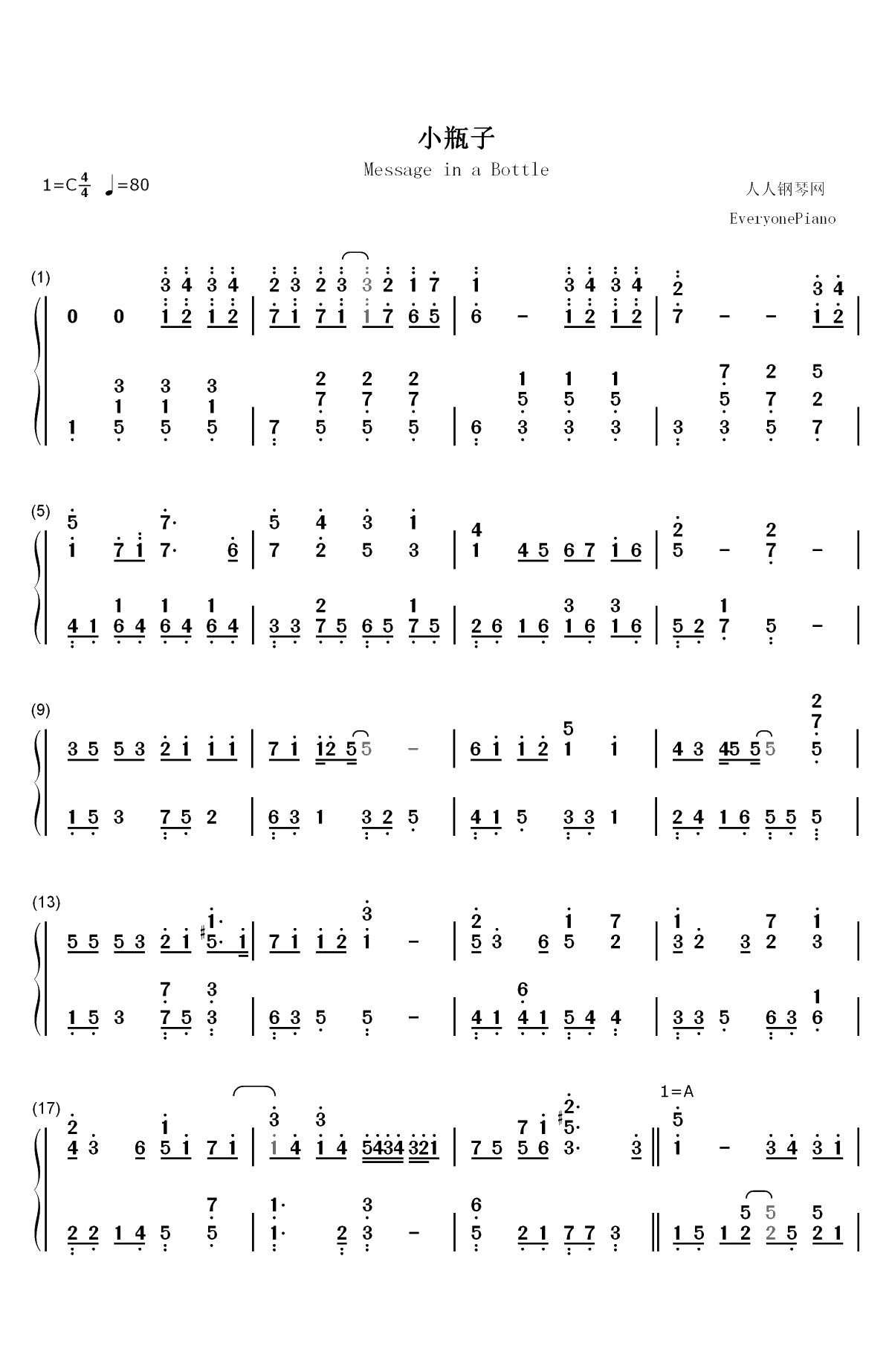 小瓶子-假如王子睡着了印象曲双手简谱预览1