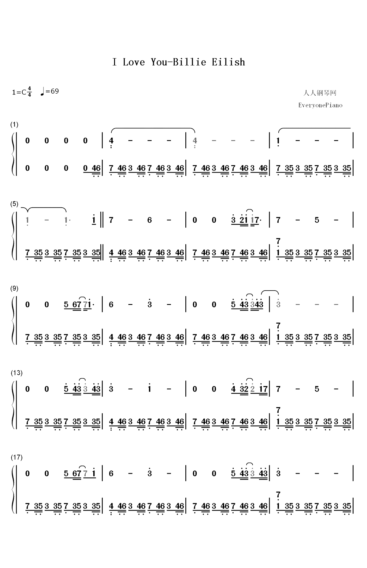 I Love You-Billie Eilish双手简谱预览1