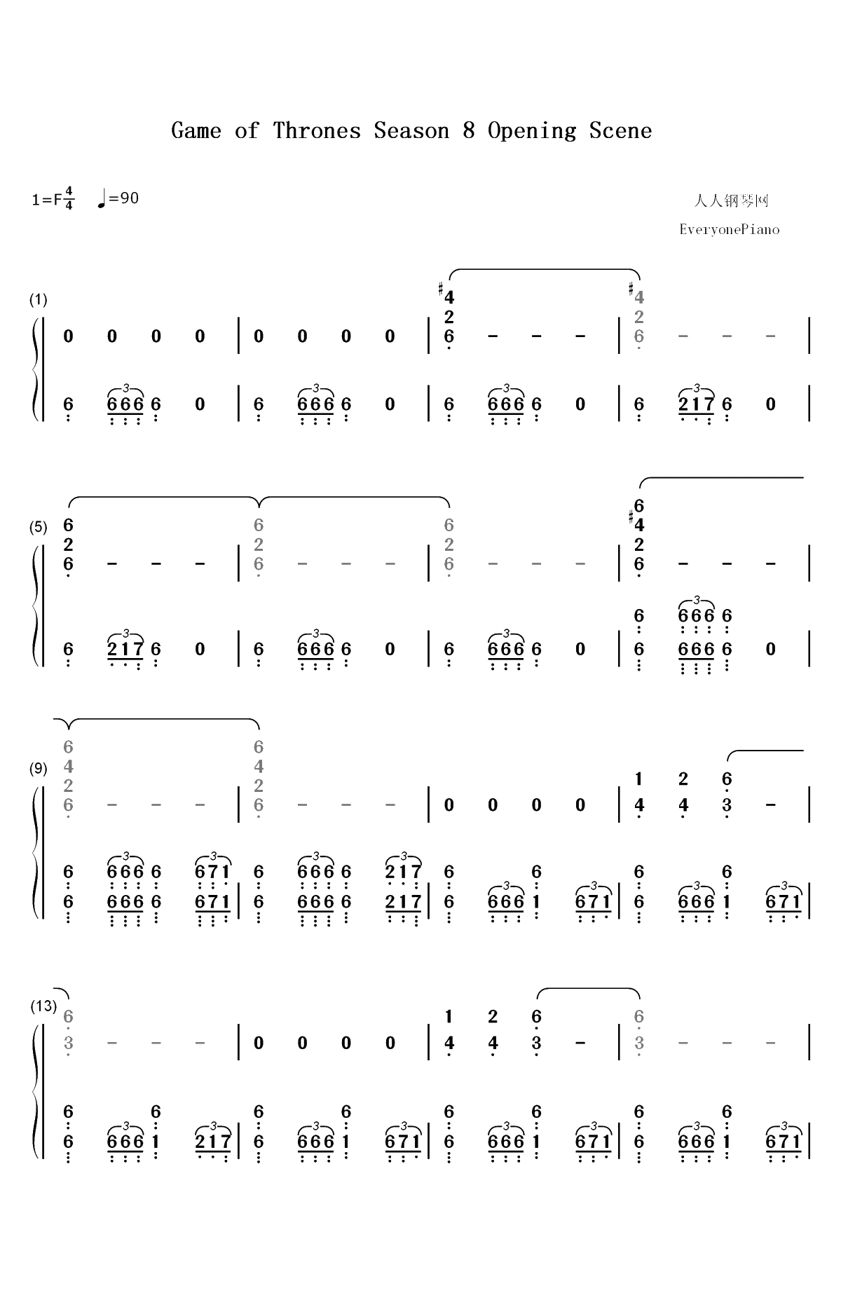 权力的游戏第八季-开场曲双手简谱预览1