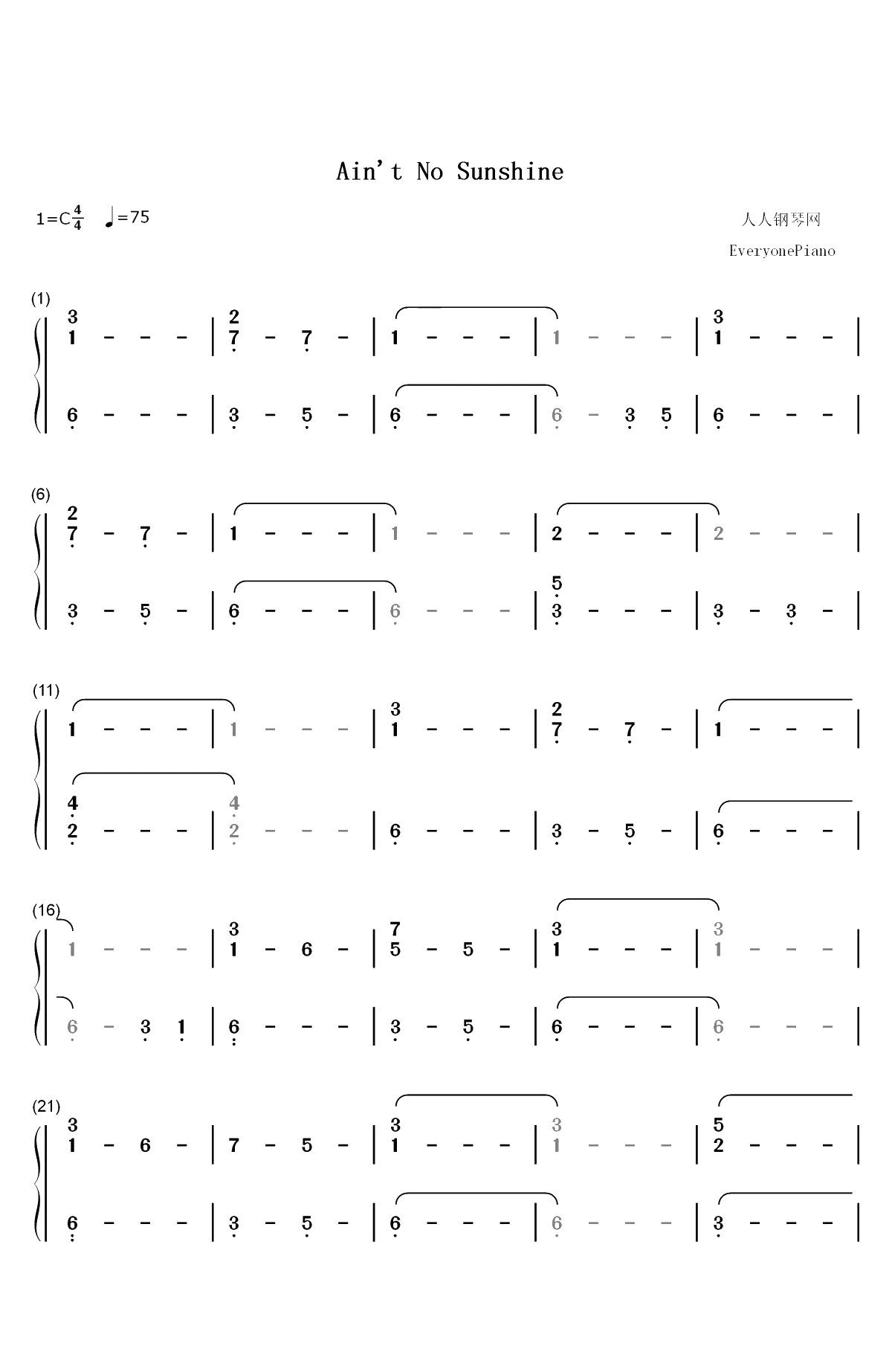 Aint No Sunshine-伴奏谱双手简谱预览1
