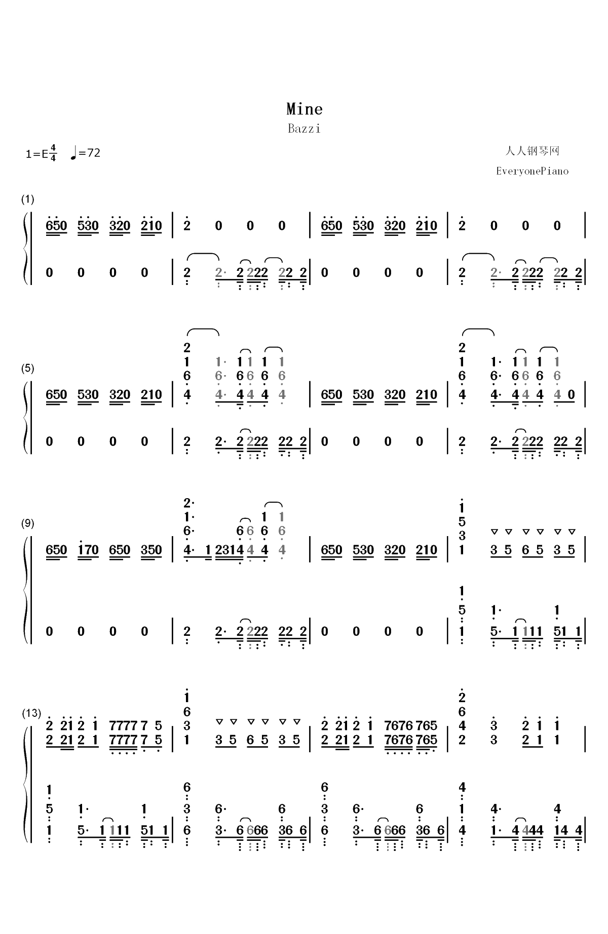 Mine-Bazzi双手简谱预览1
