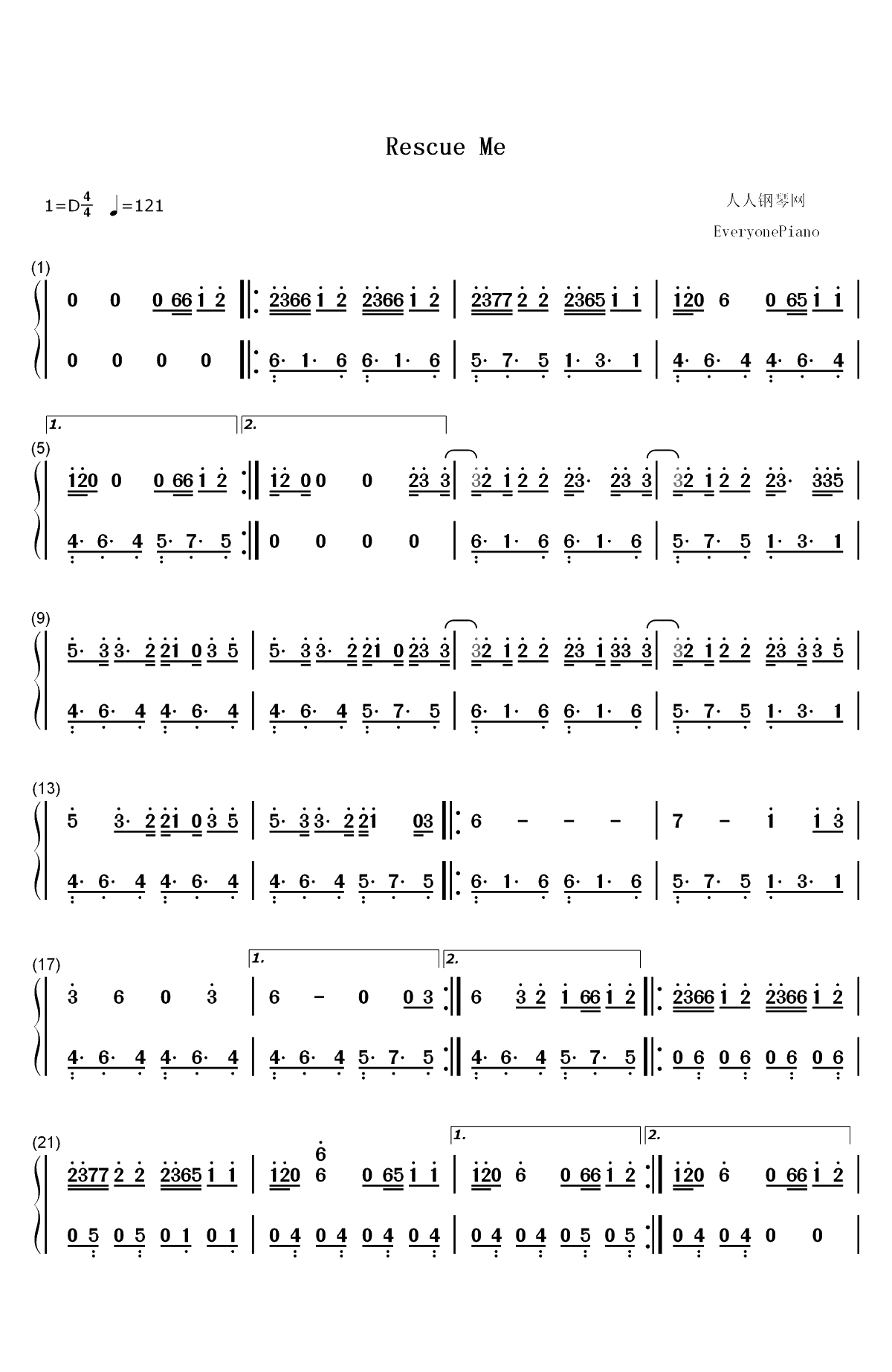 Rescue Me-OneRepublic双手简谱预览1