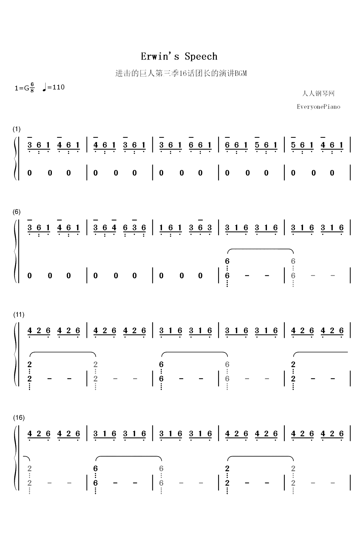 Erwins Speech-进击的巨人第三季16话团长演讲BGM双手简谱预览1