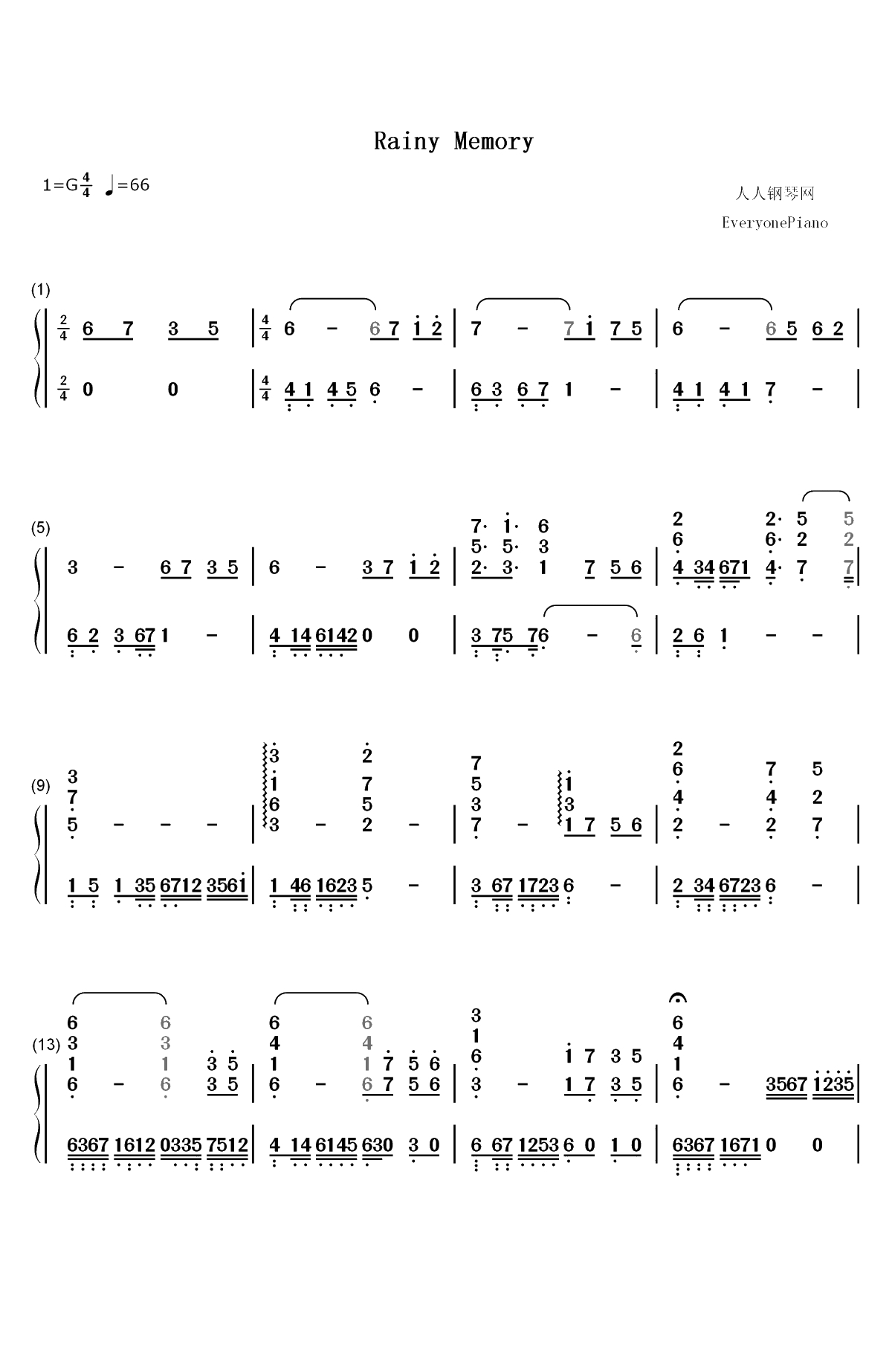 Rainy Memory-Deemo游戏歌曲双手简谱预览1