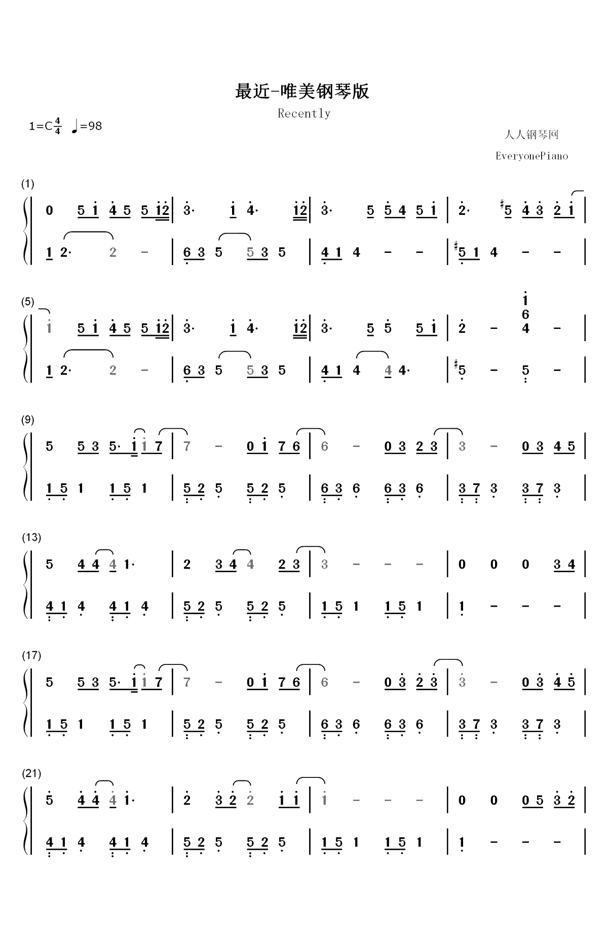 最近-你想要的我却不能够给你我全部-唯美钢琴版-抖音热歌双手简谱预览1