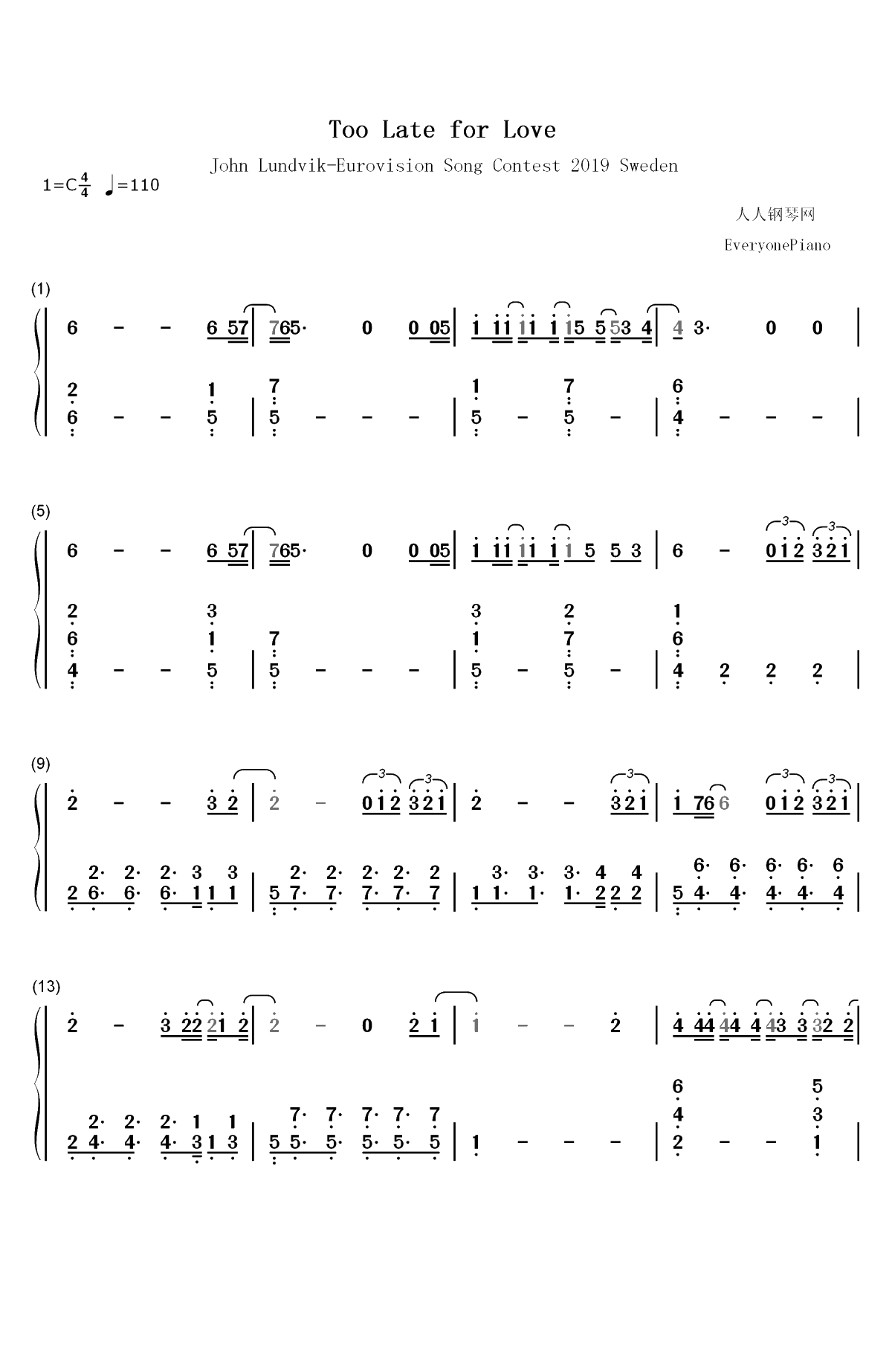Too Late for Love-2019年欧洲歌唱大赛双手简谱预览1
