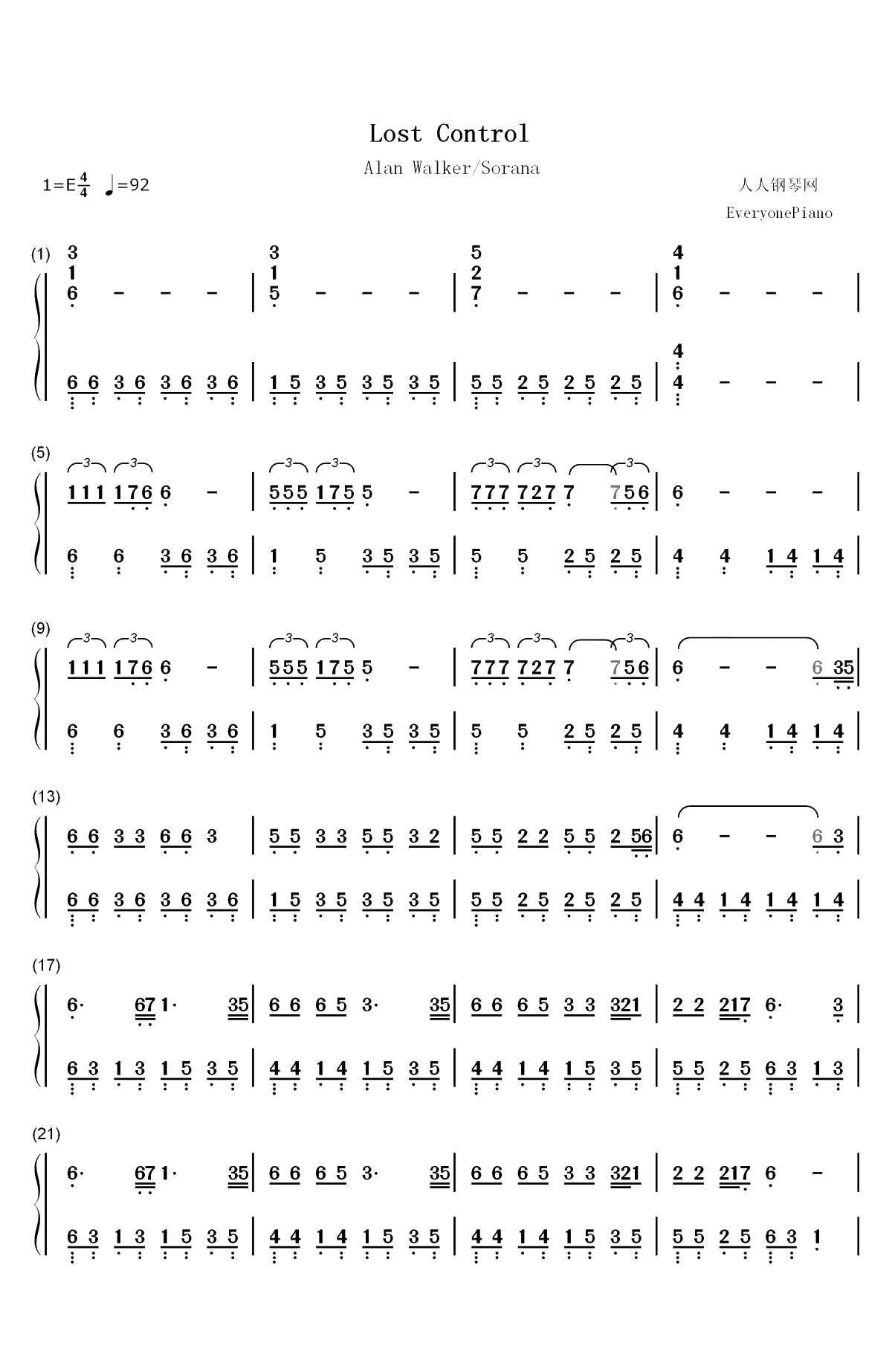 Lost Control-Alan Walker和Sorana双手简谱预览1