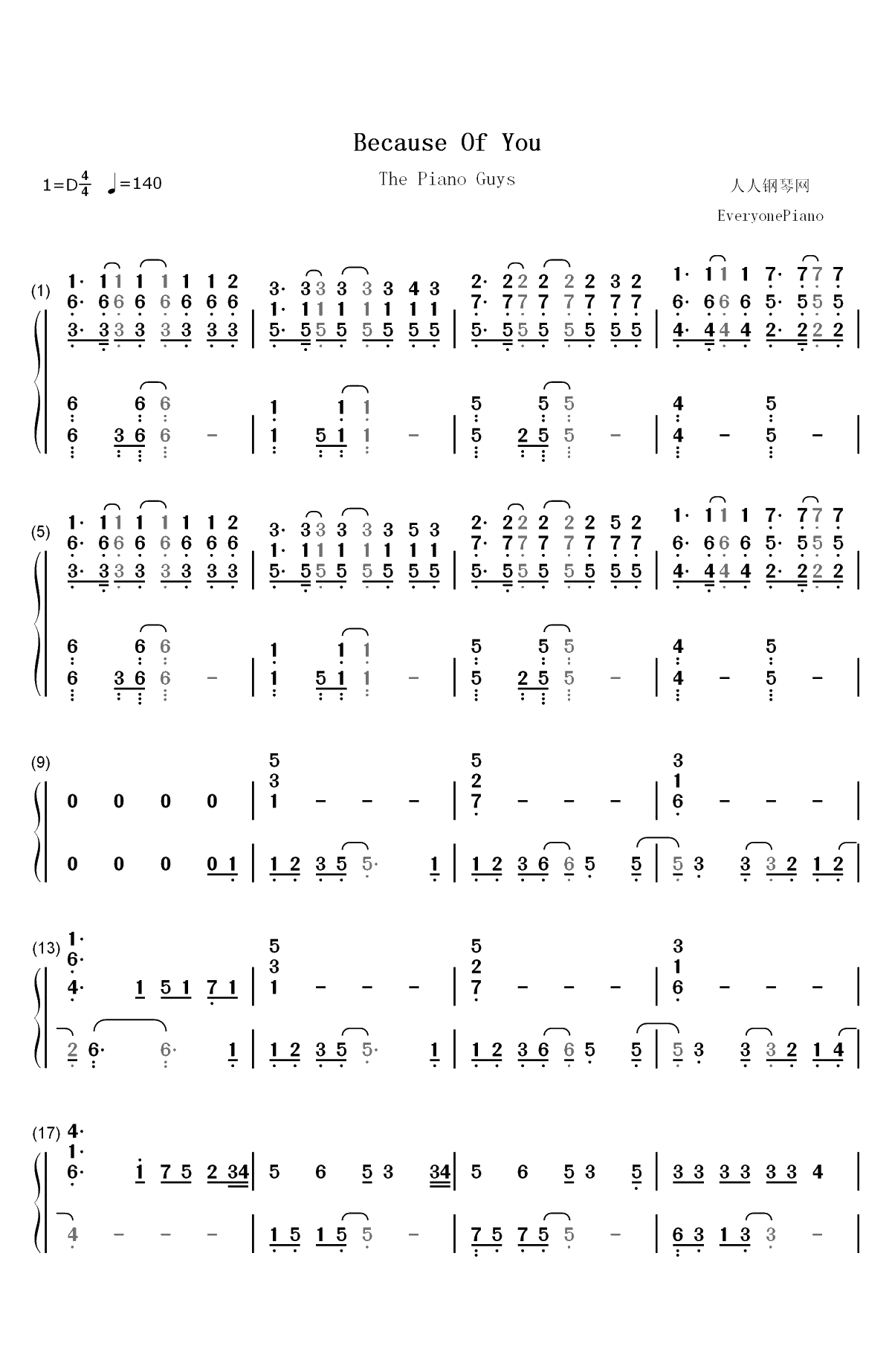 Because of You-The Piano Guys双手简谱预览1