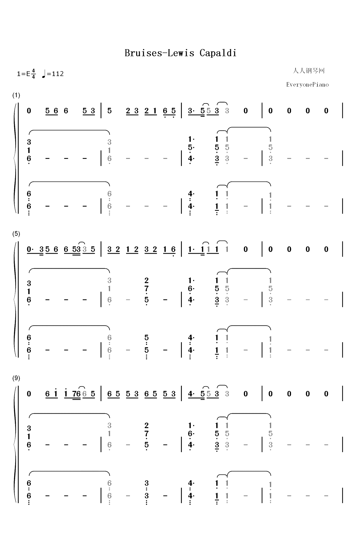 Bruises-Lewis Capaldi双手简谱预览1