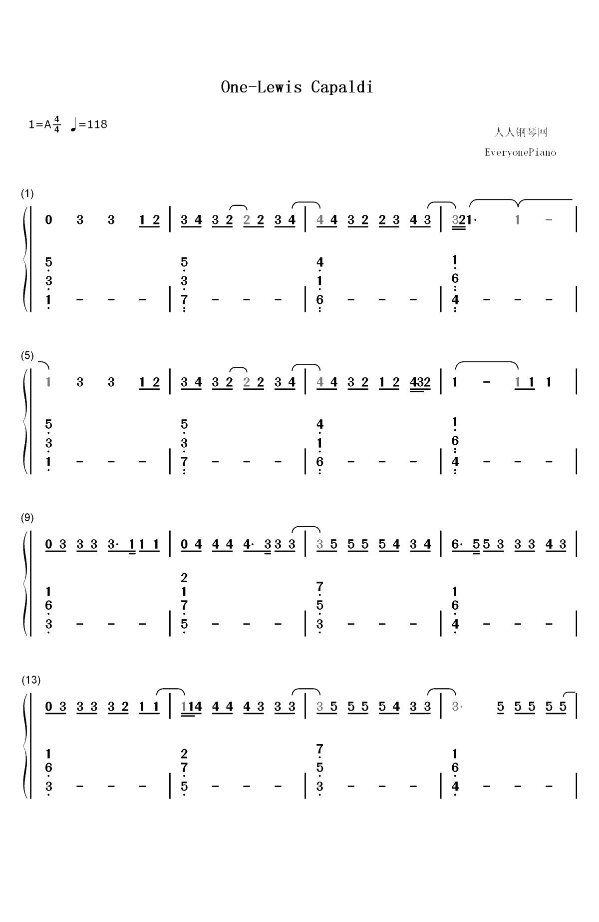 One-Lewis Capaldi双手简谱预览1