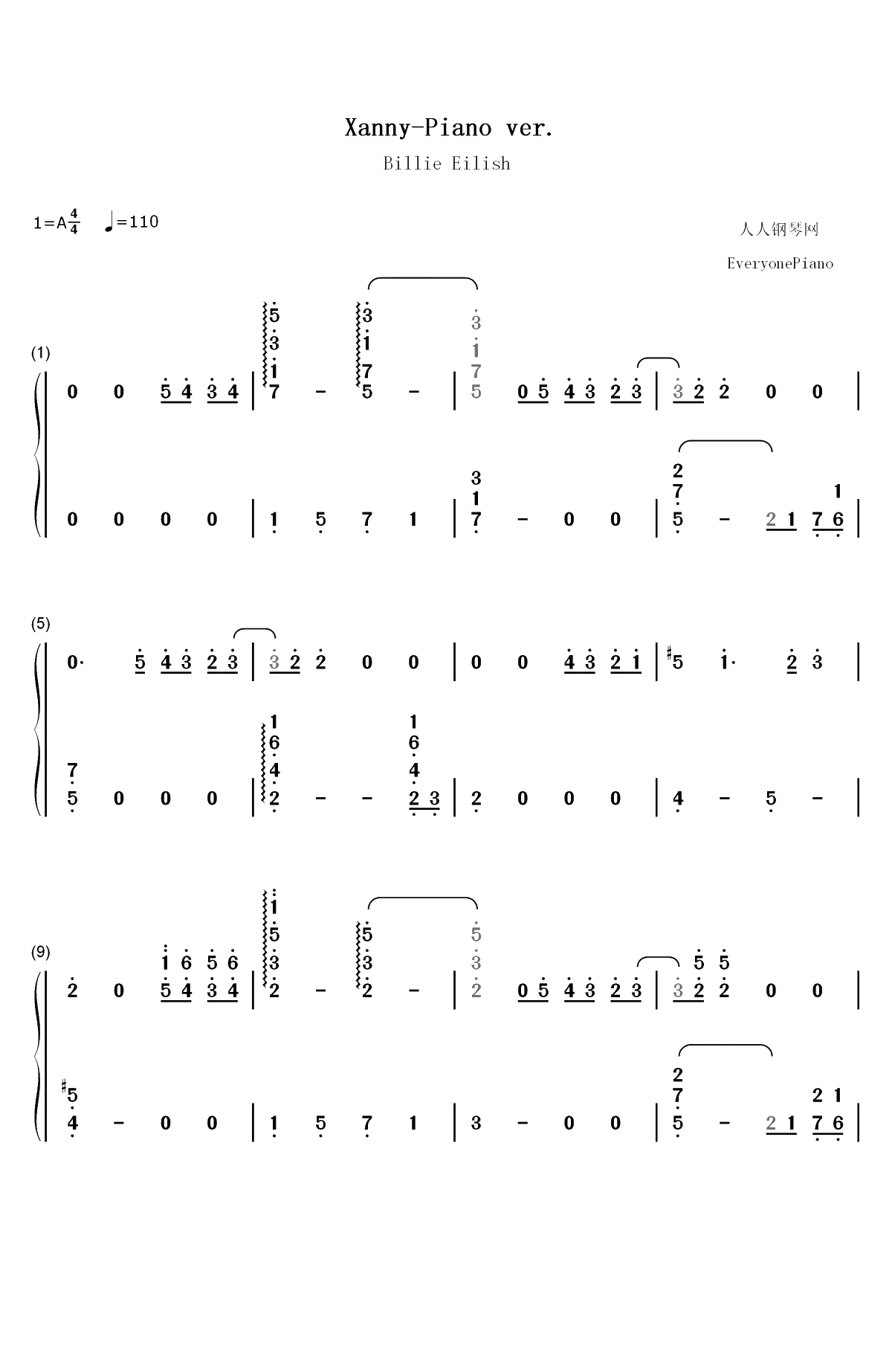Xanny-Billie Eilish双手简谱预览1