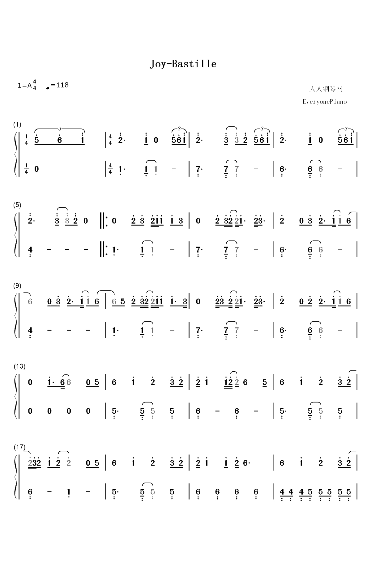 Joy-Bastille双手简谱预览1