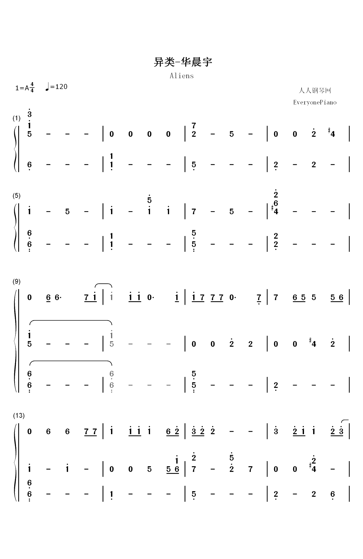 异类-华晨宇双手简谱预览1
