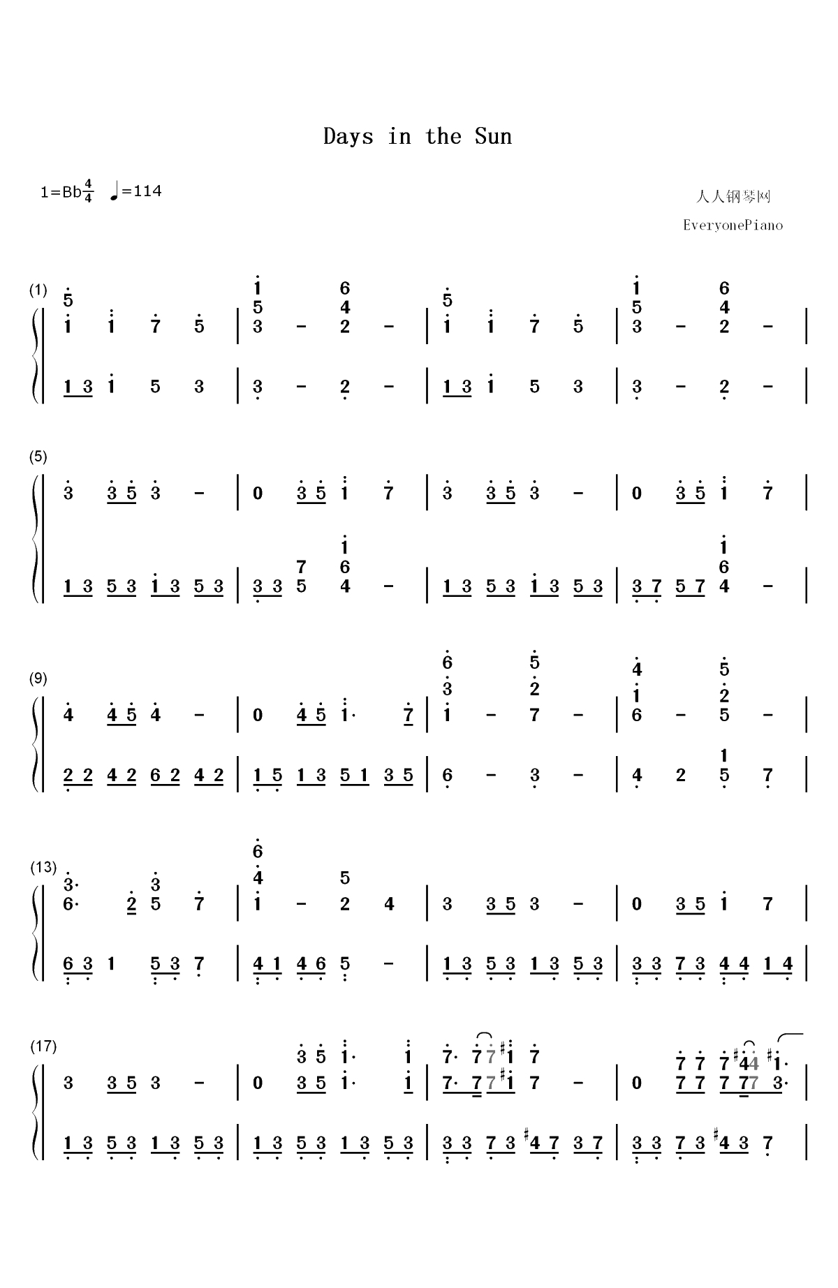 Days in the Sun-美女与野兽OST双手简谱预览1