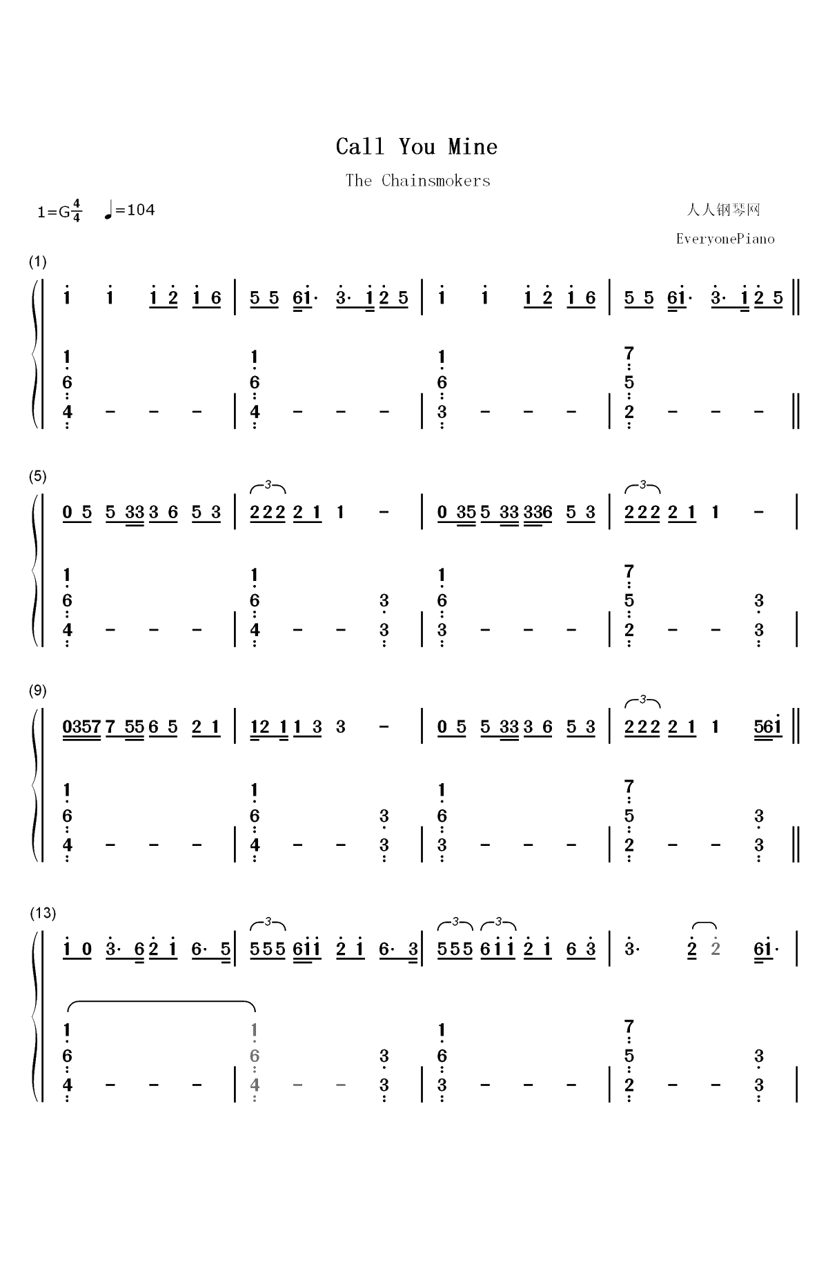 Call You Mine-The Chainsmokers ft Bebe Rexha双手简谱预览1