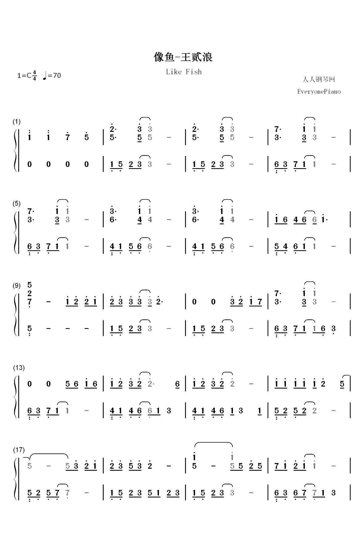 像鱼-王贰浪双手简谱预览1