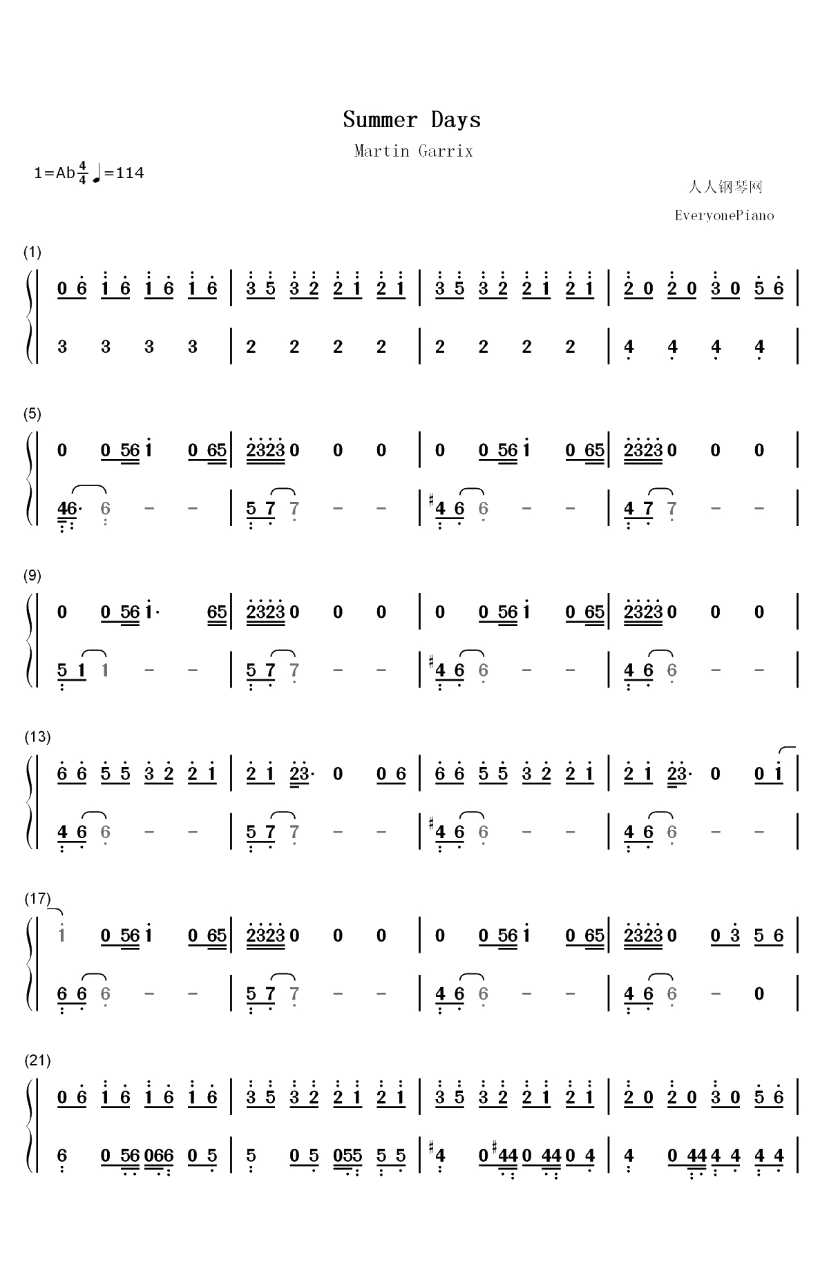 Summer Days-Martin Garrix双手简谱预览1