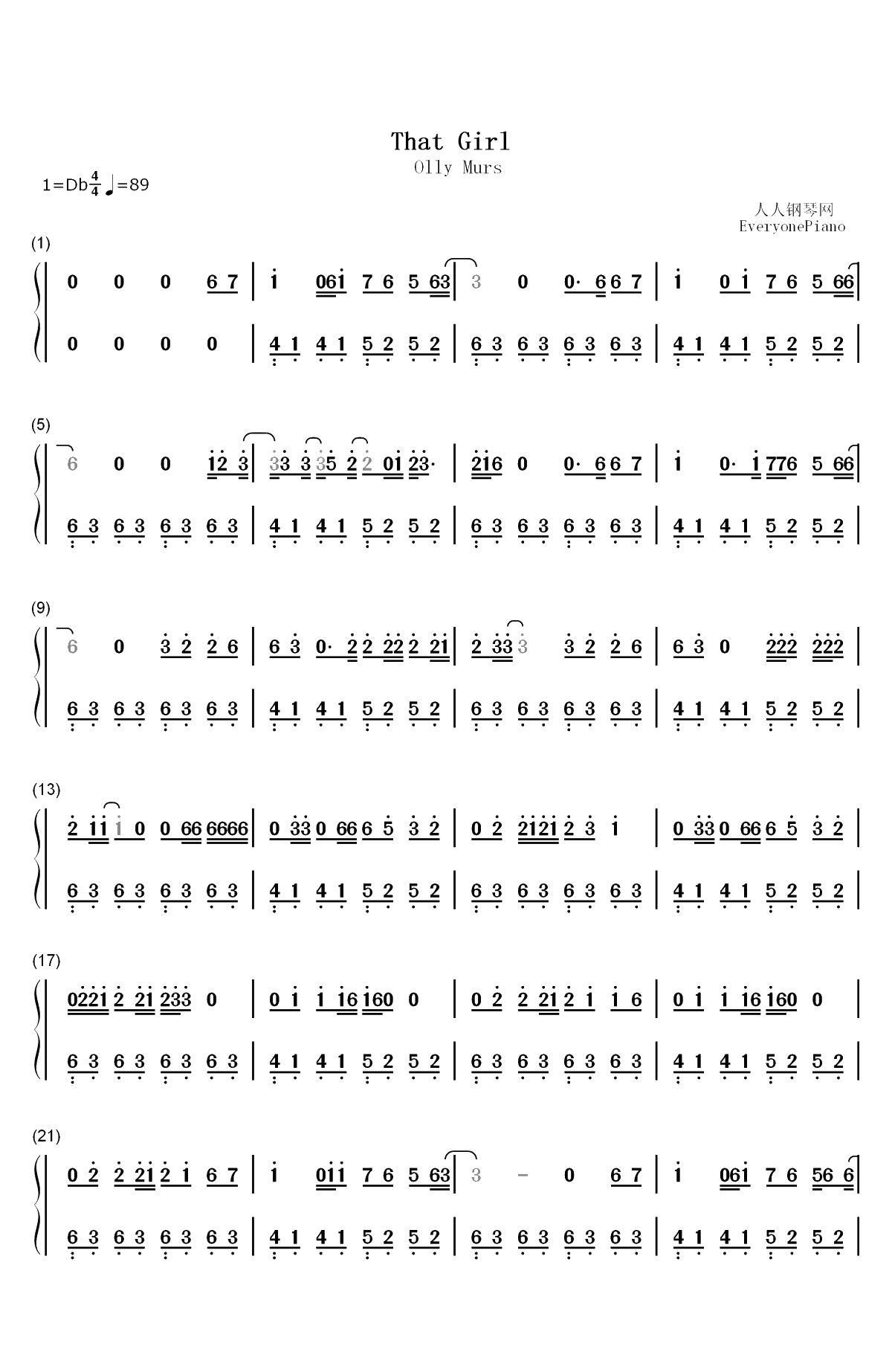That Girl-那个女孩-Olly Murs双手简谱预览1