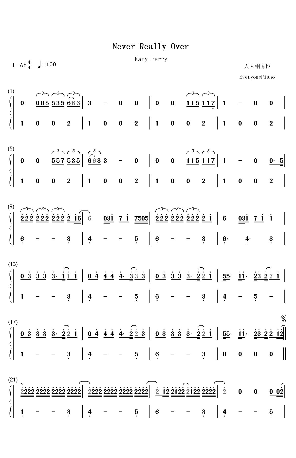 Never Really Over-Katy Perry双手简谱预览1