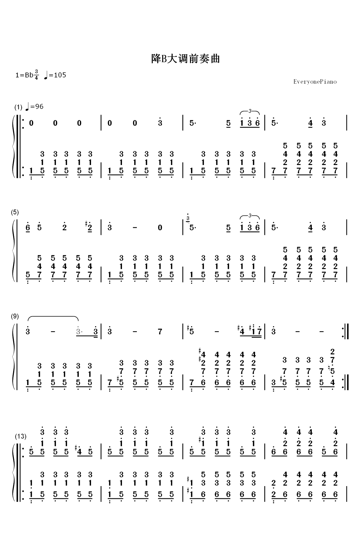 降B大调前奏曲双手简谱预览1