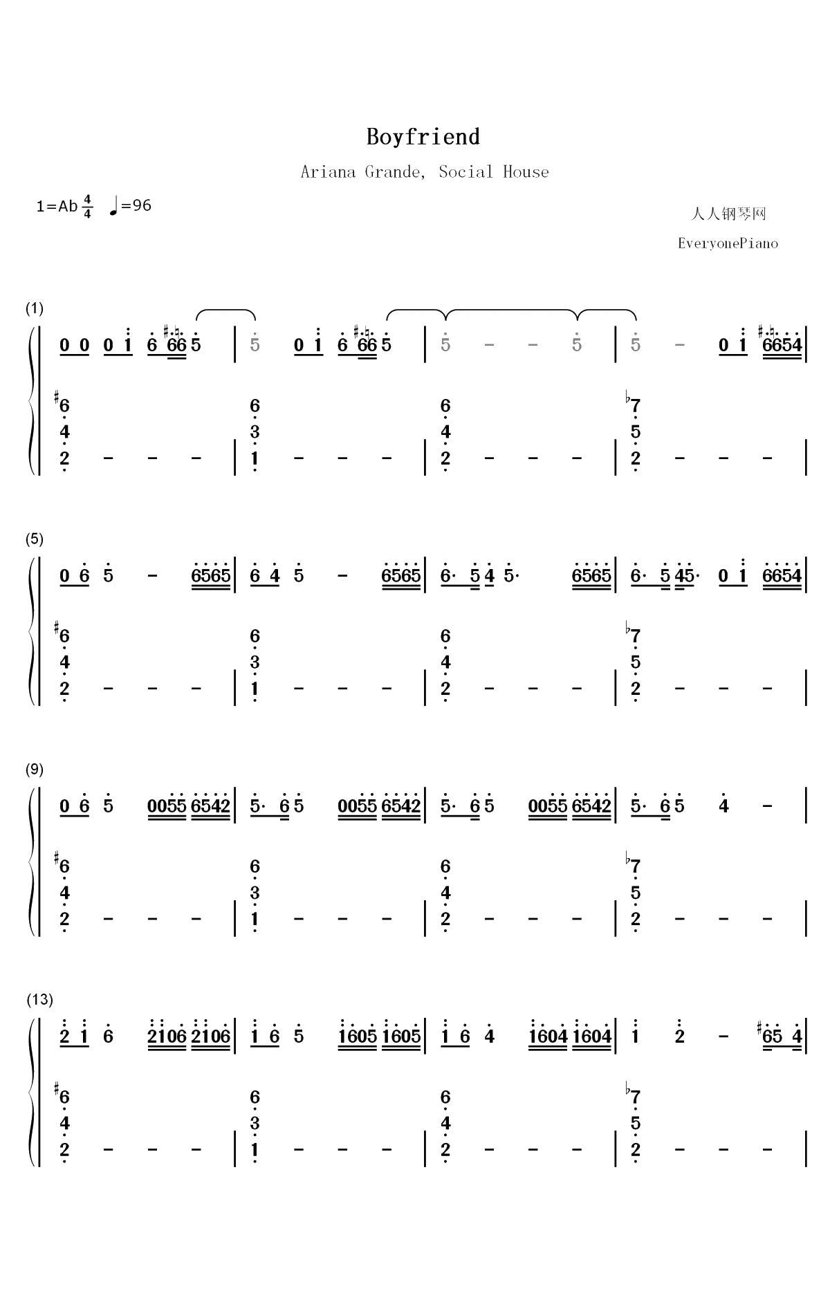 Boyfriend-Ariana Grande ft Social House双手简谱预览1