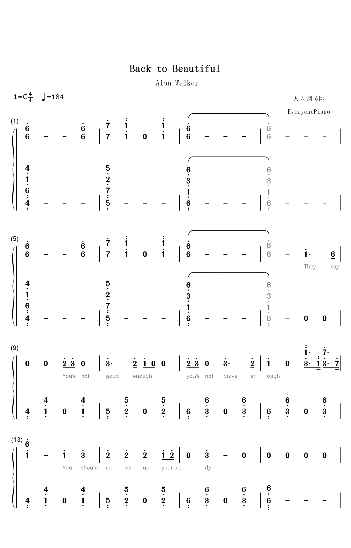 Back to Beautiful双手简谱预览1