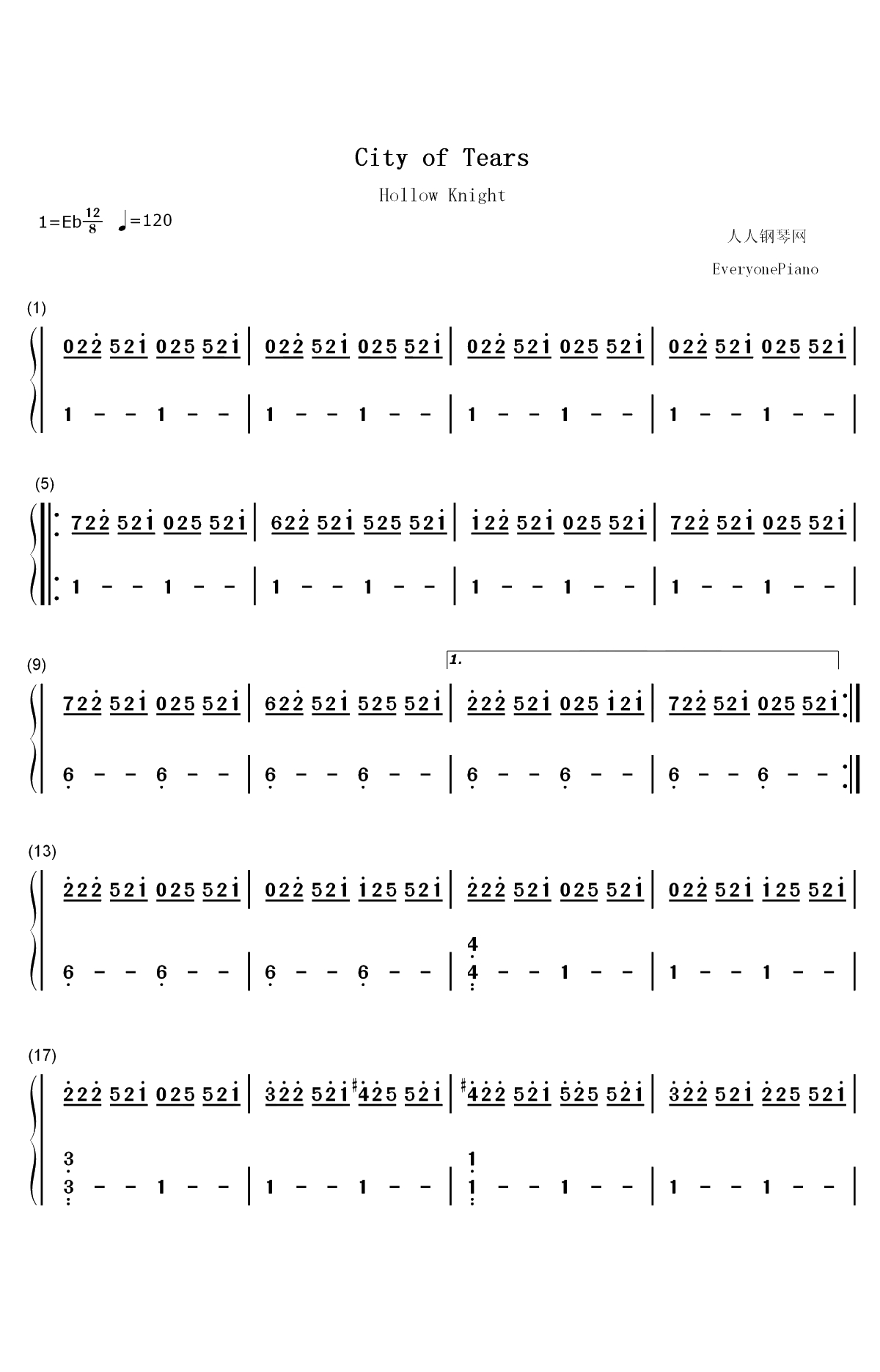 City of Tears-空洞骑士OST双手简谱预览1