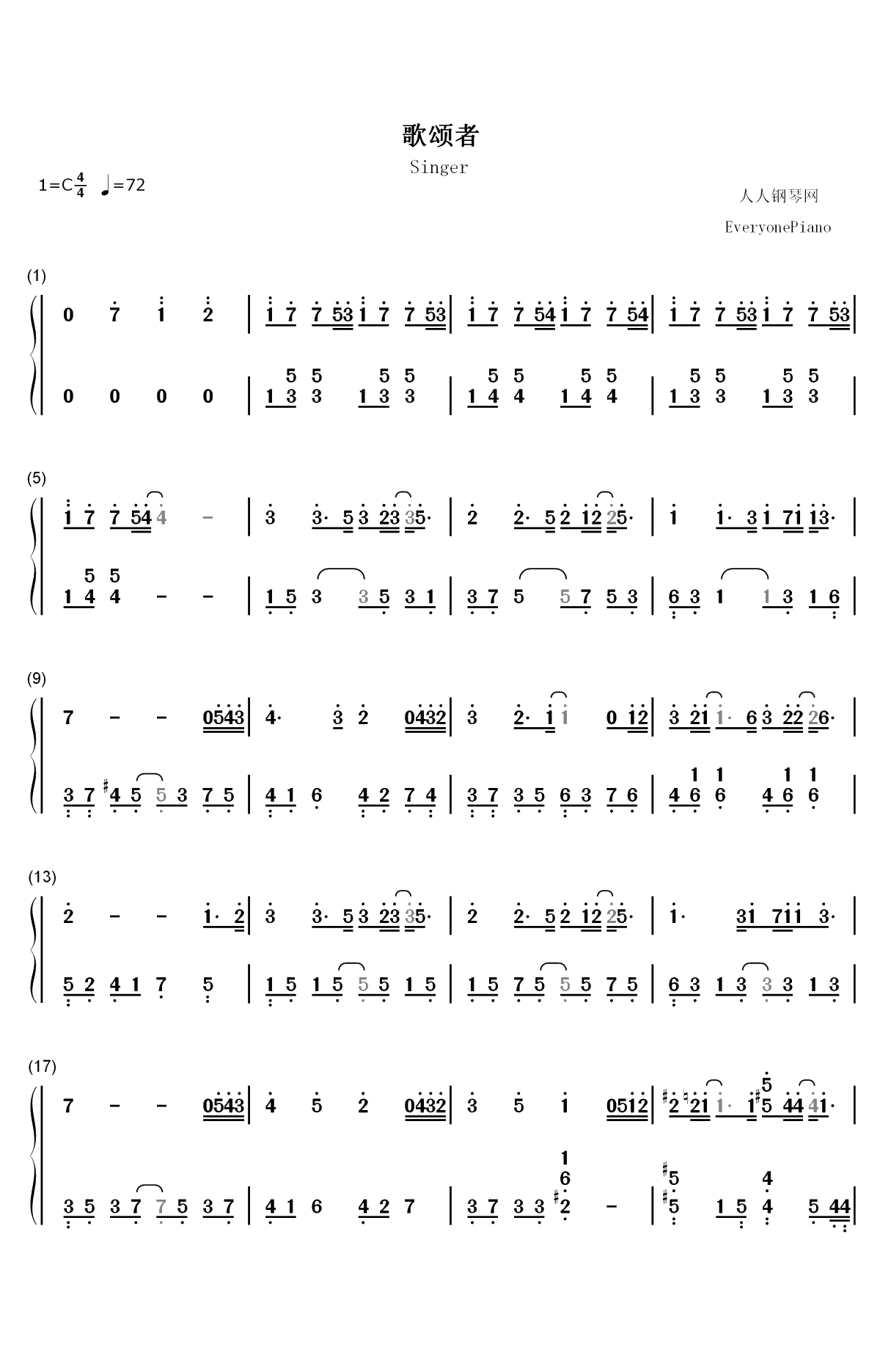 歌颂者-吴青峰双手简谱预览1