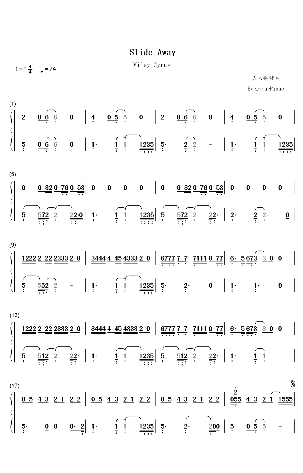 Slide Away-Miley Cyrus双手简谱预览1