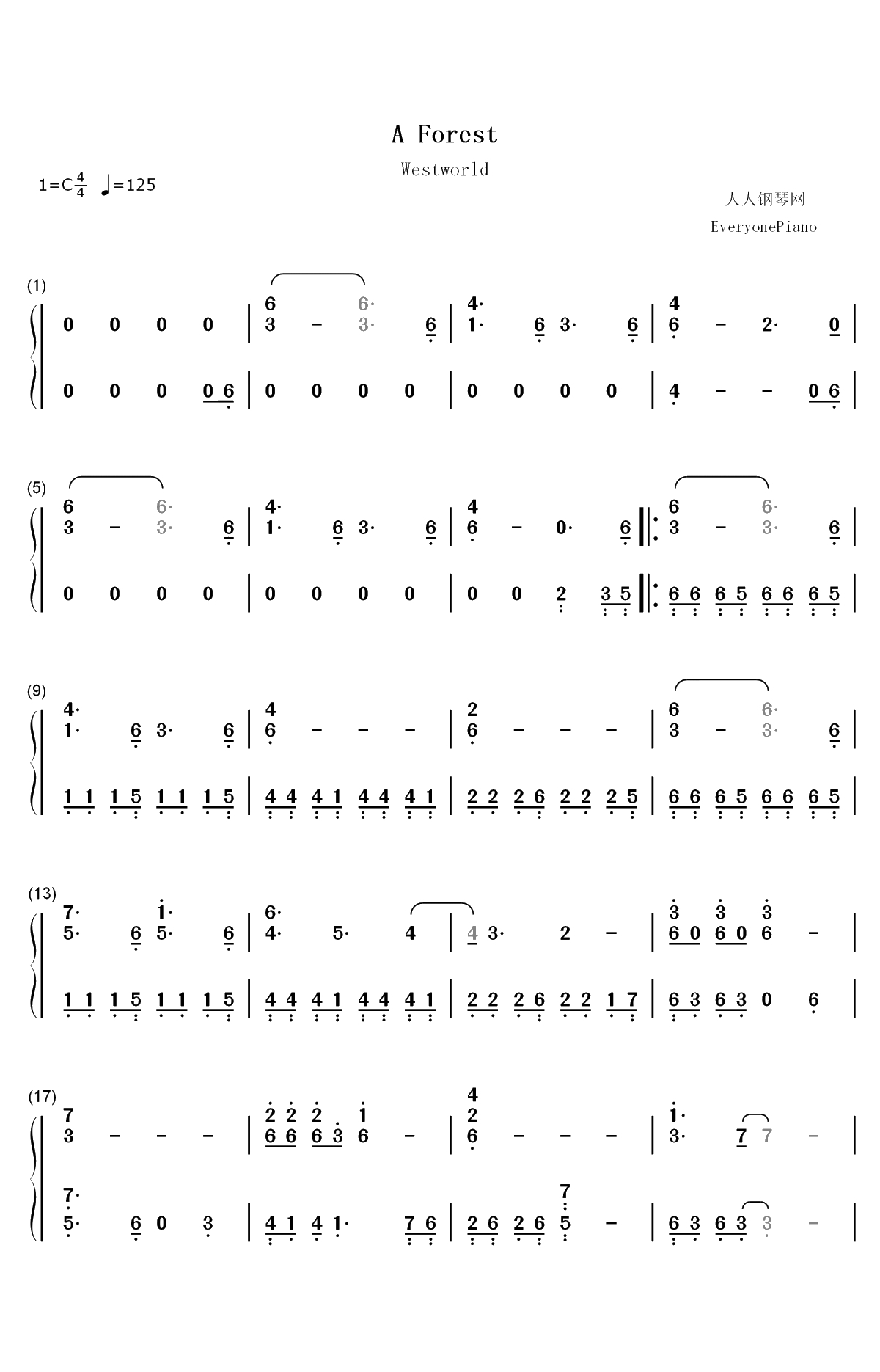 A Forest-西部世界OST双手简谱预览1