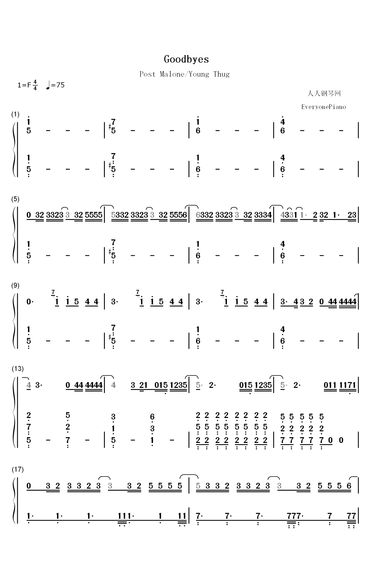 Goodbyes-Post Malone ft Young Thug双手简谱预览1