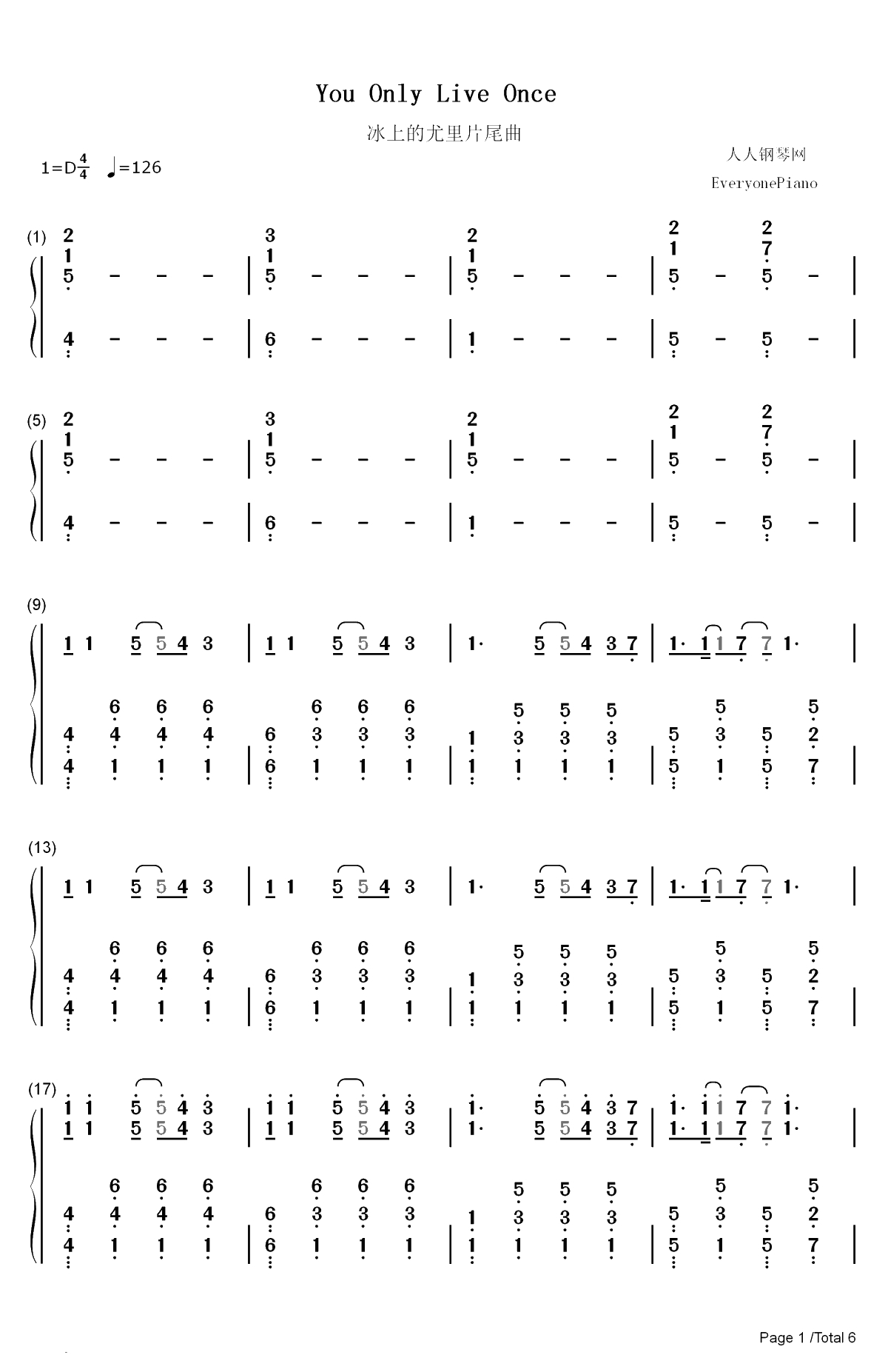 You Only Live Once-Yuri on Ice ED-冰上的尤里ED双手简谱预览1