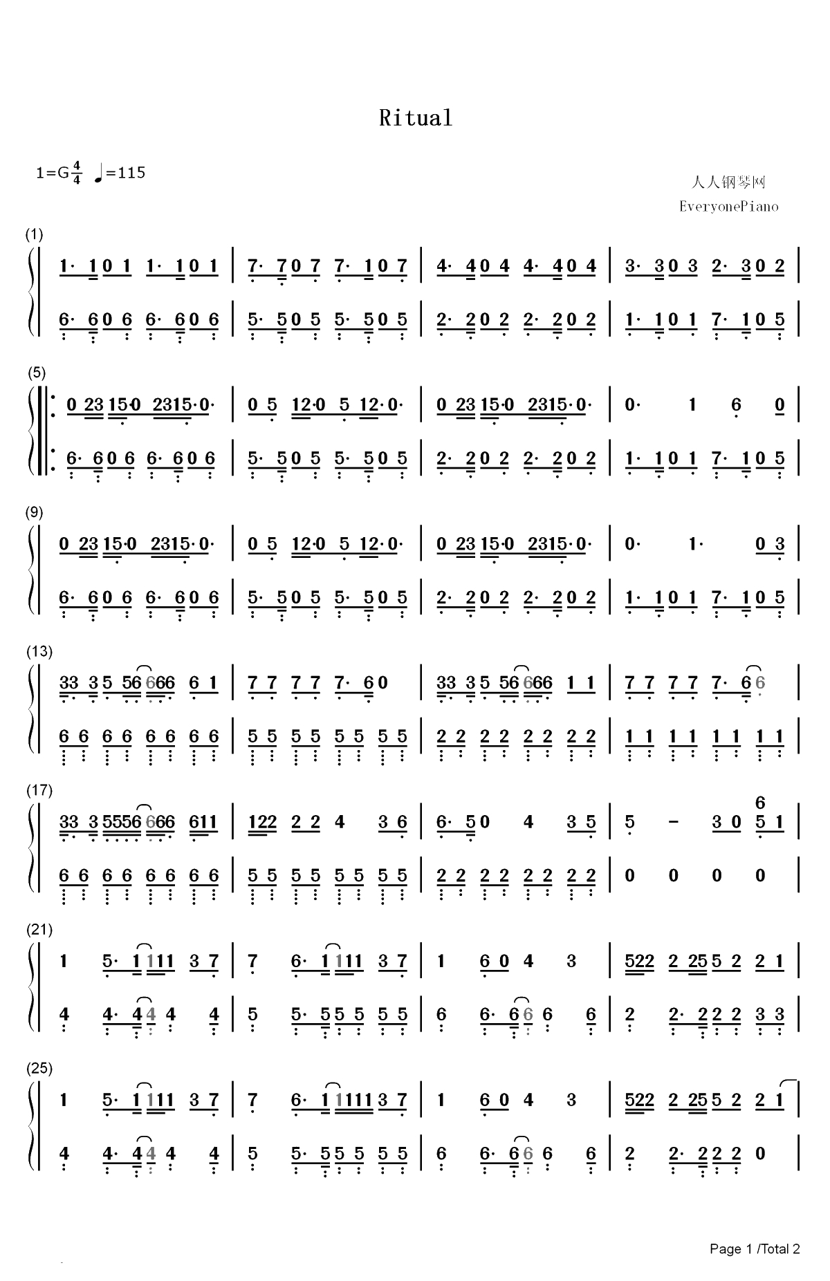 Ritual-Tiësto和Jonas Blue和Rita Ora双手简谱预览1