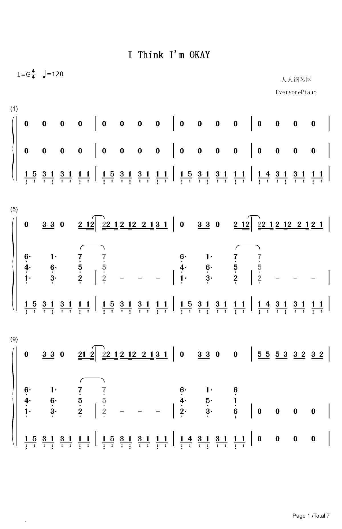 I Think Im Okay双手简谱预览1