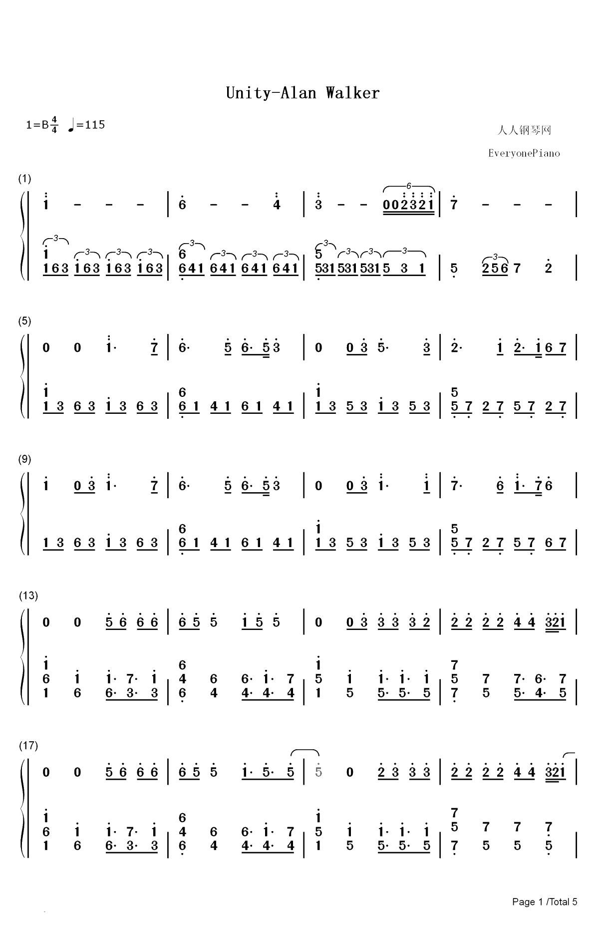 Unity-Alan Walker双手简谱预览1