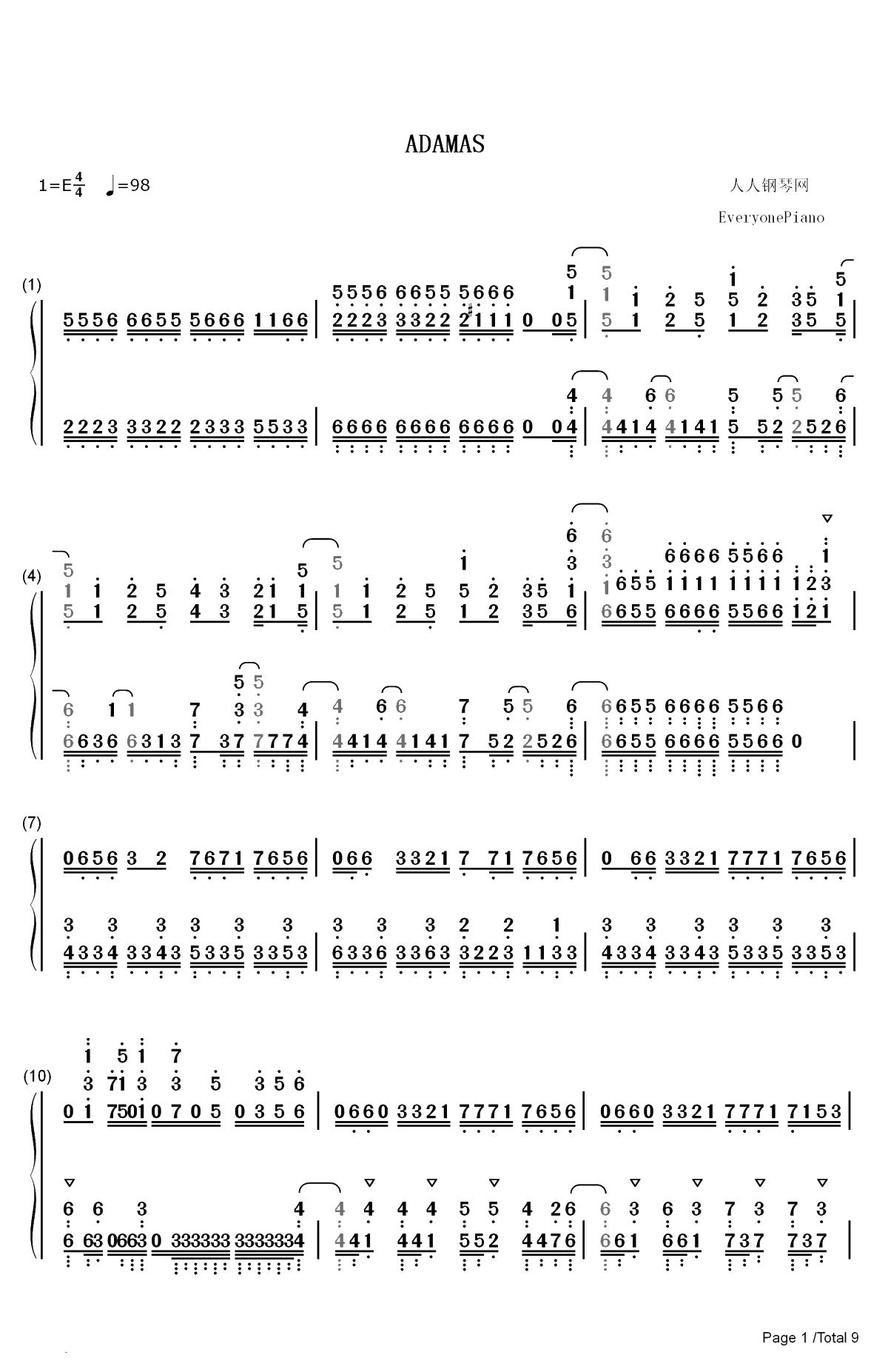 ADAMAS-刀剑神域 Alicization OP双手简谱预览1