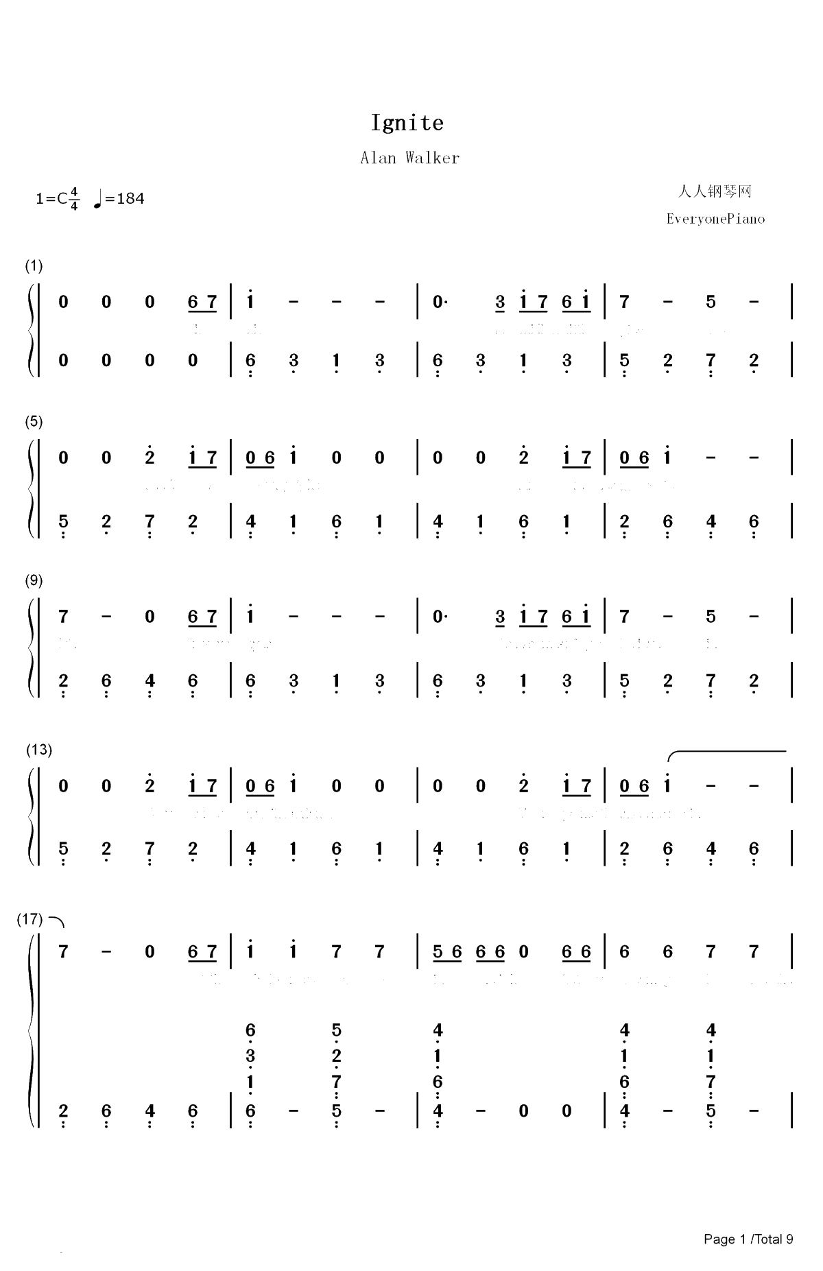 Ignite-人声版双手简谱预览1