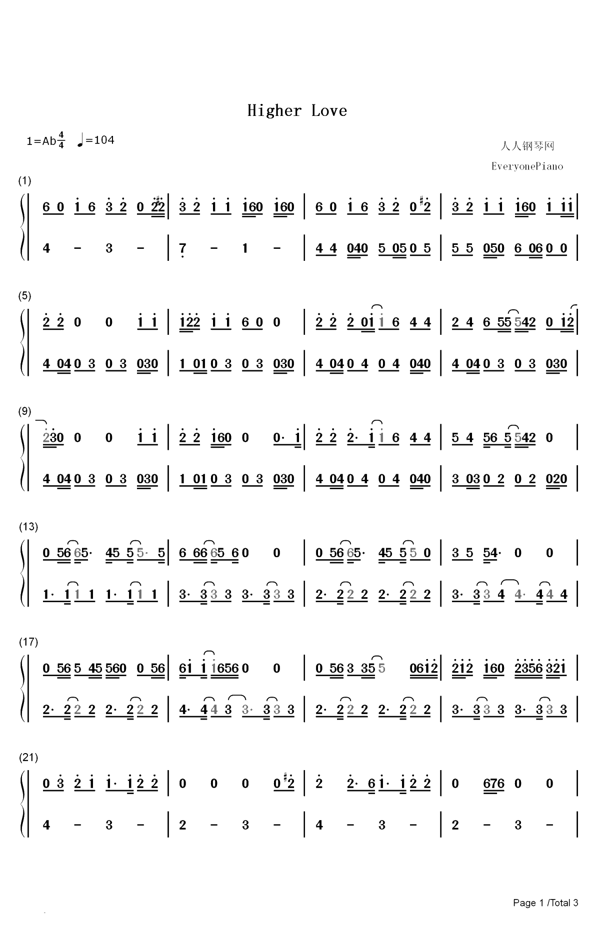 Higher Love-Kygo ft Whitney Houston双手简谱预览1