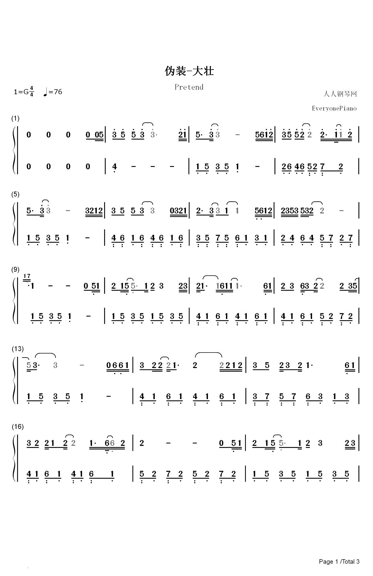 伪装-我伪装的很简单强悍坦然听天由命般的在路口故意走散-抖音热歌双手简谱预览1