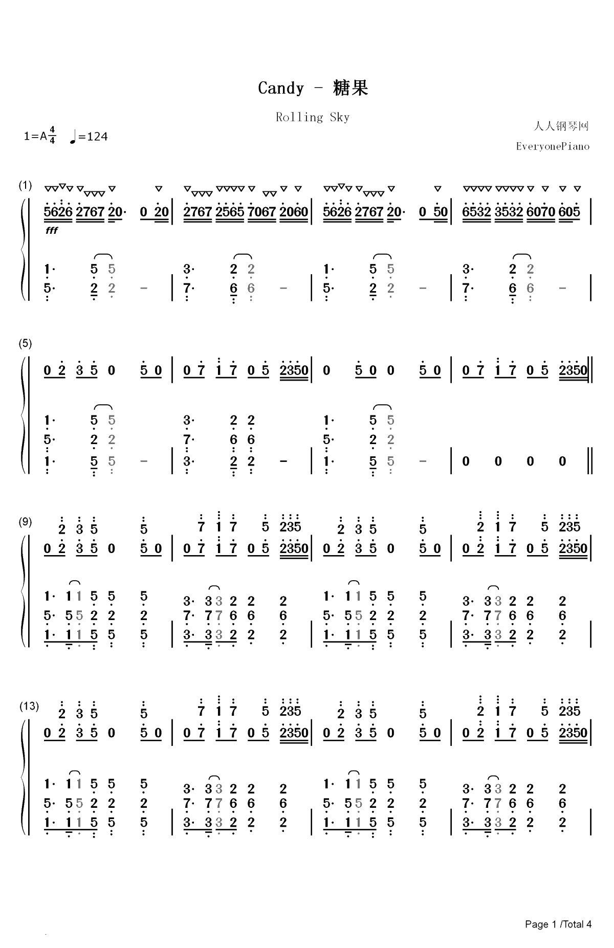 Candy-糖果-滚动的天空双手简谱预览1
