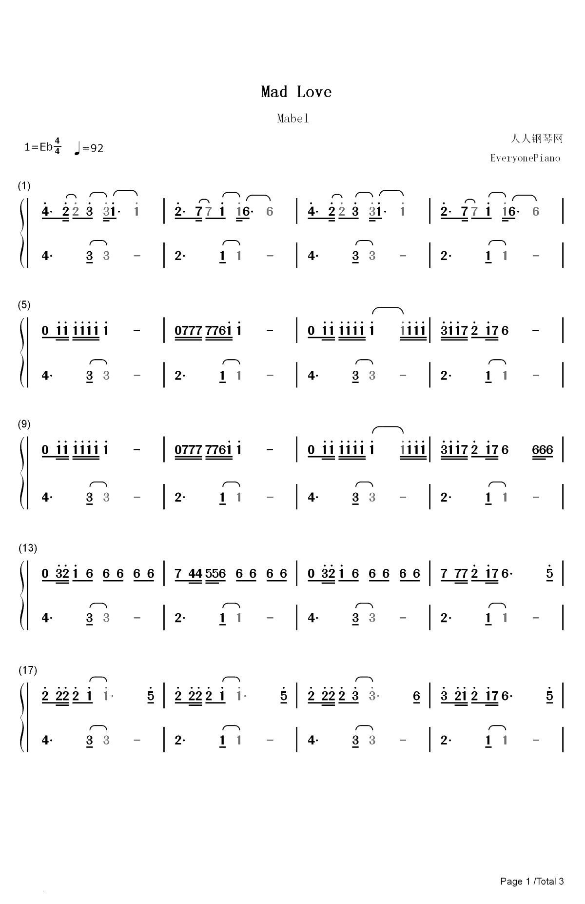 Mad Love-Mabel双手简谱预览1