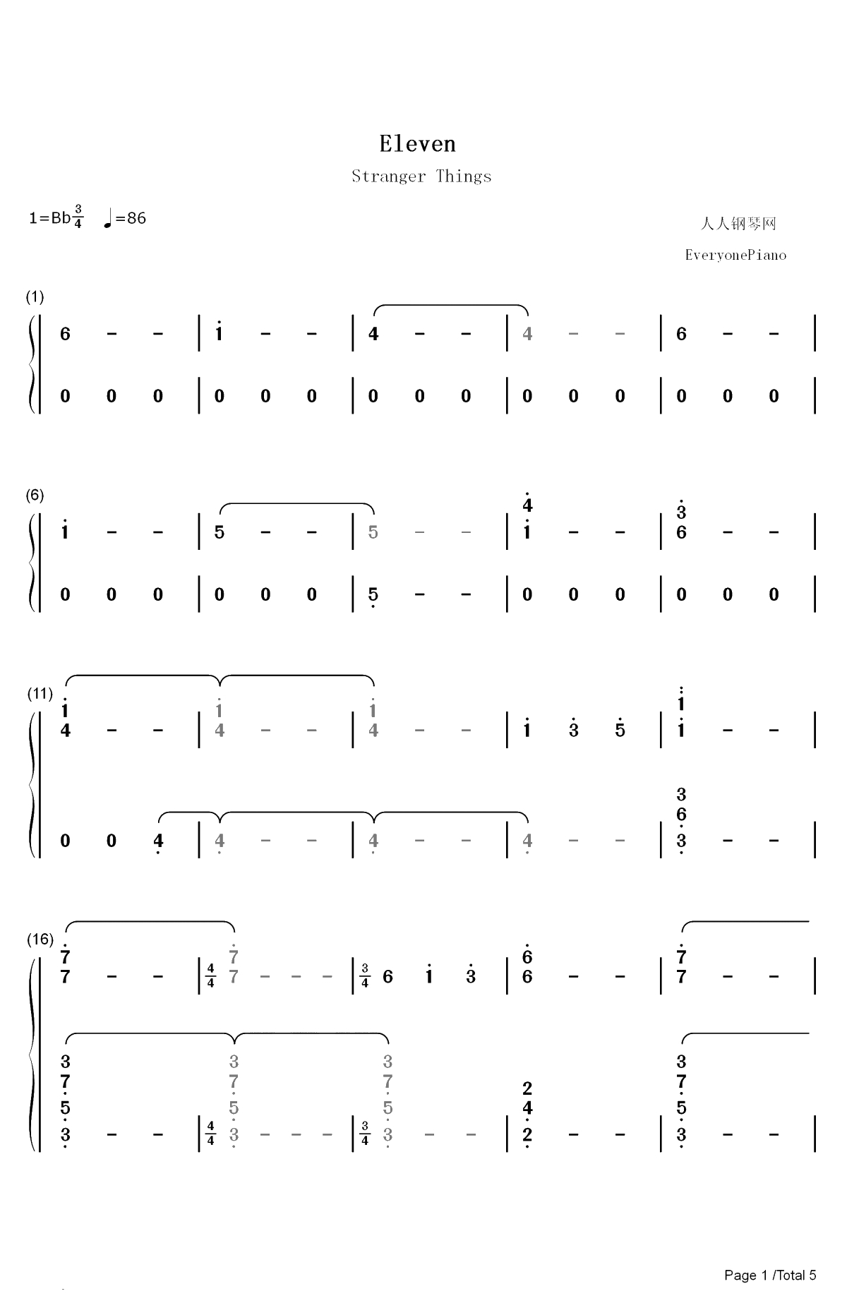 Eleven-怪奇物语OST双手简谱预览1