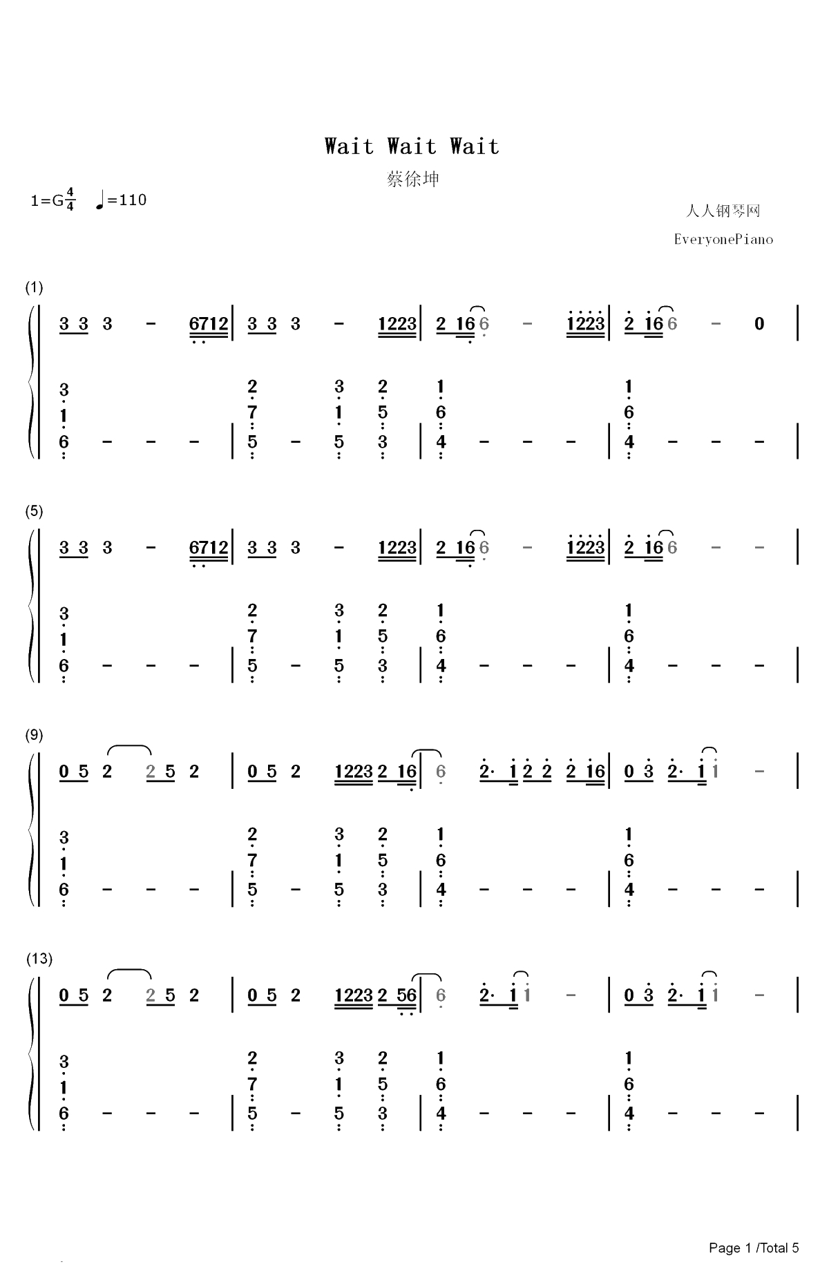 Wait Wait Wait-蔡徐坤双手简谱预览1