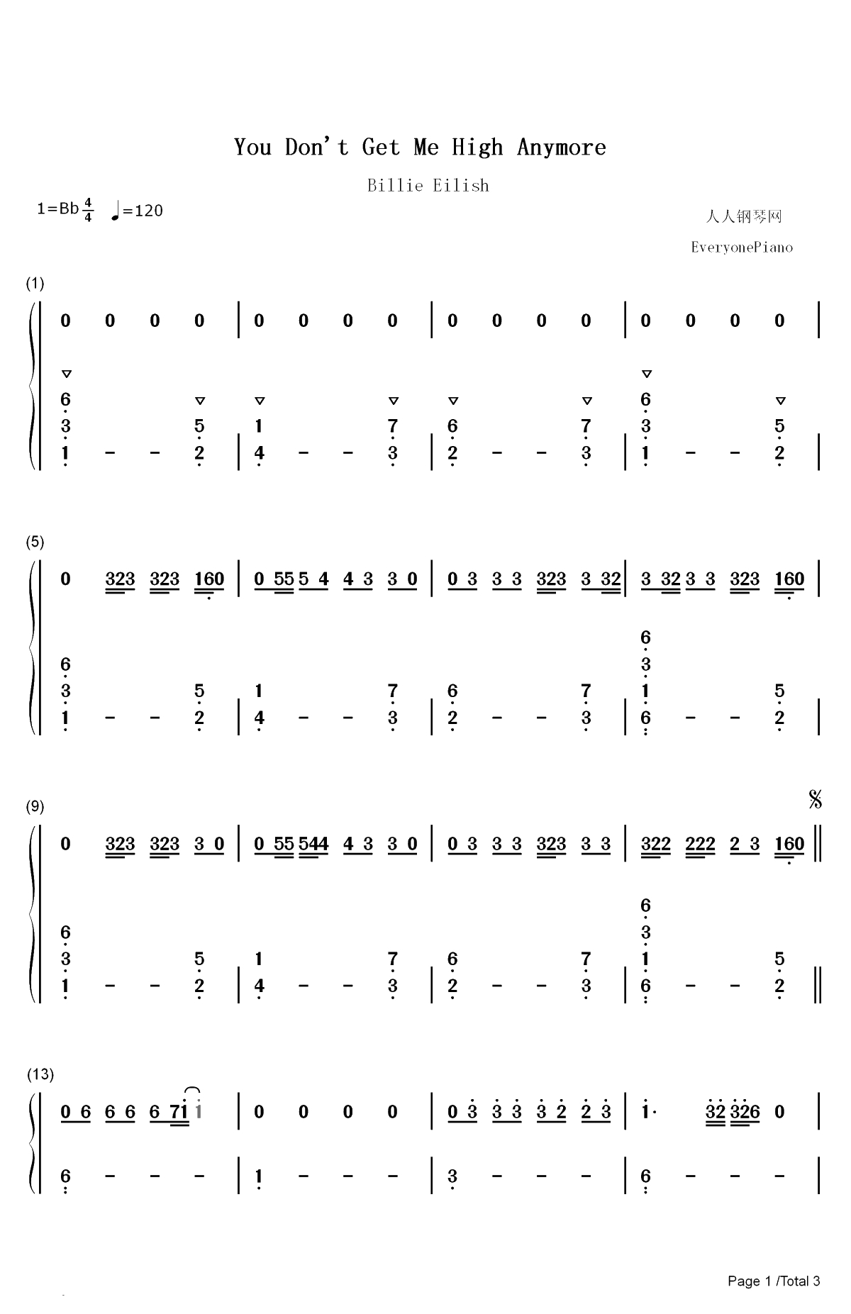 You Dont Get Me High Anymore-Billie Eilish双手简谱预览1