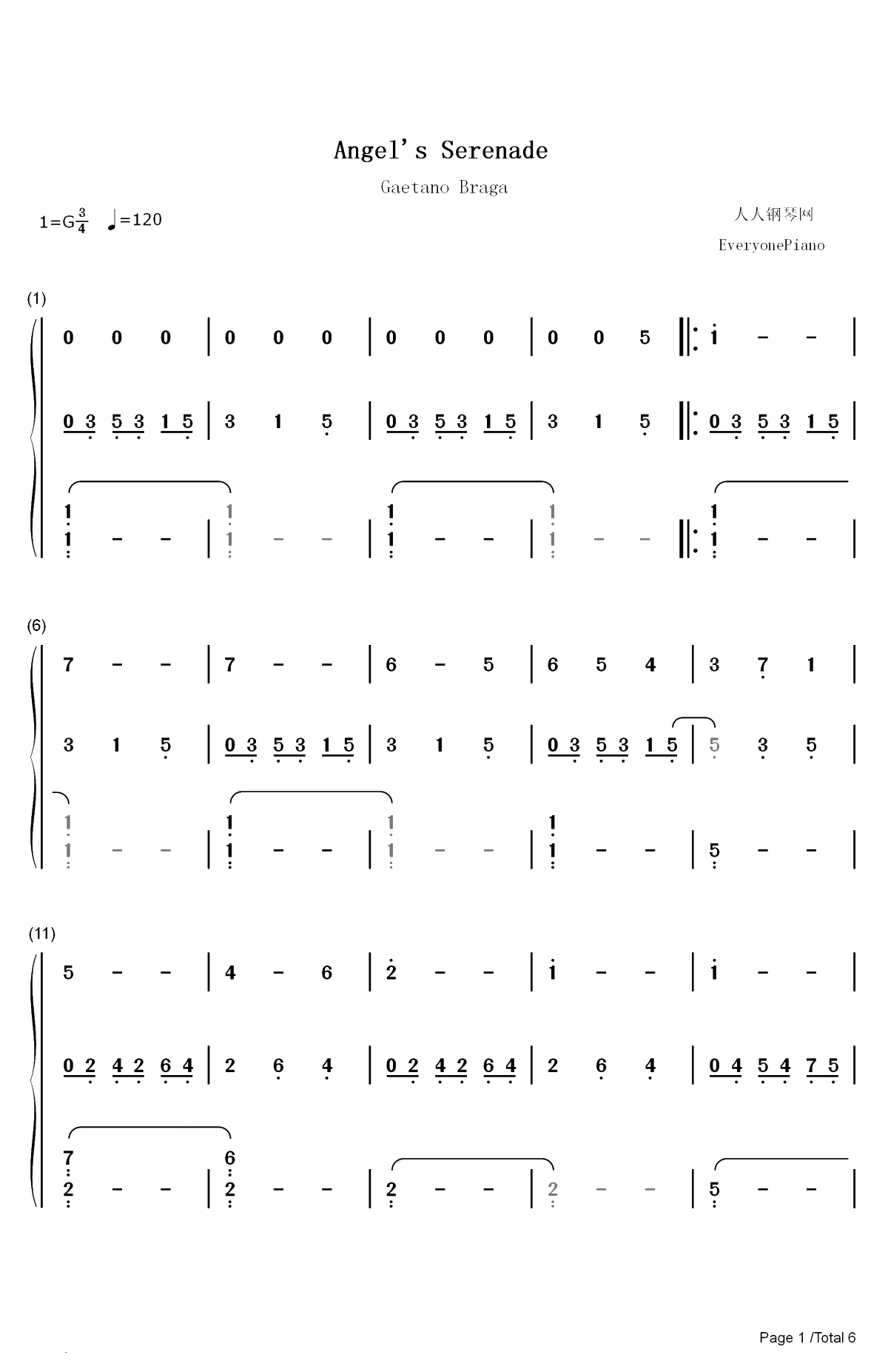 Angels Serenade-天使小夜曲-Gaetano Braga双手简谱预览1
